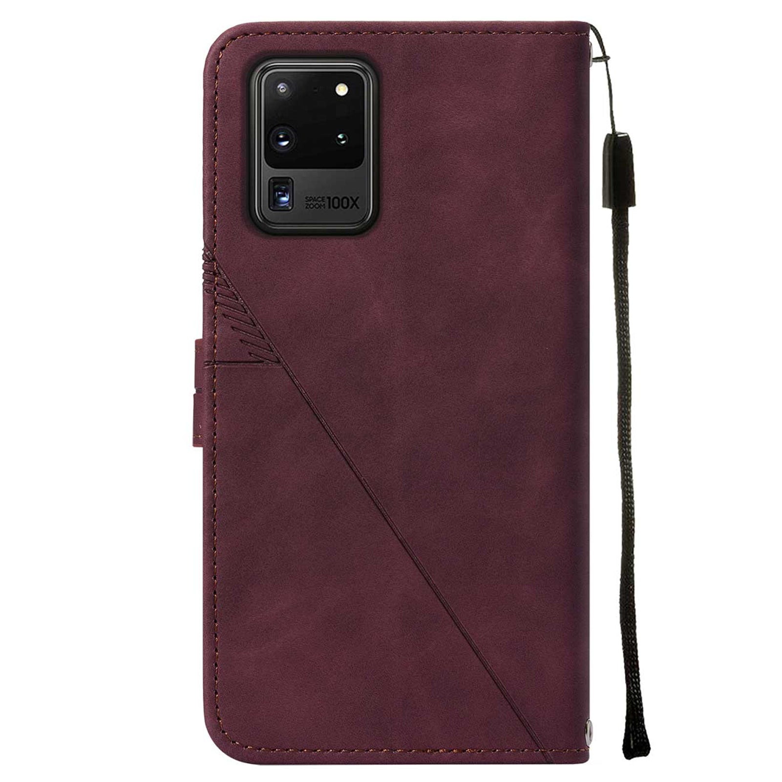 Imprinting Lines PU Leather Folio Flip Wallet Case Stand Magnetic Closure TPU Interior Phone Cover with Strap for Samsung Galaxy S20 Ultra - Wine Red