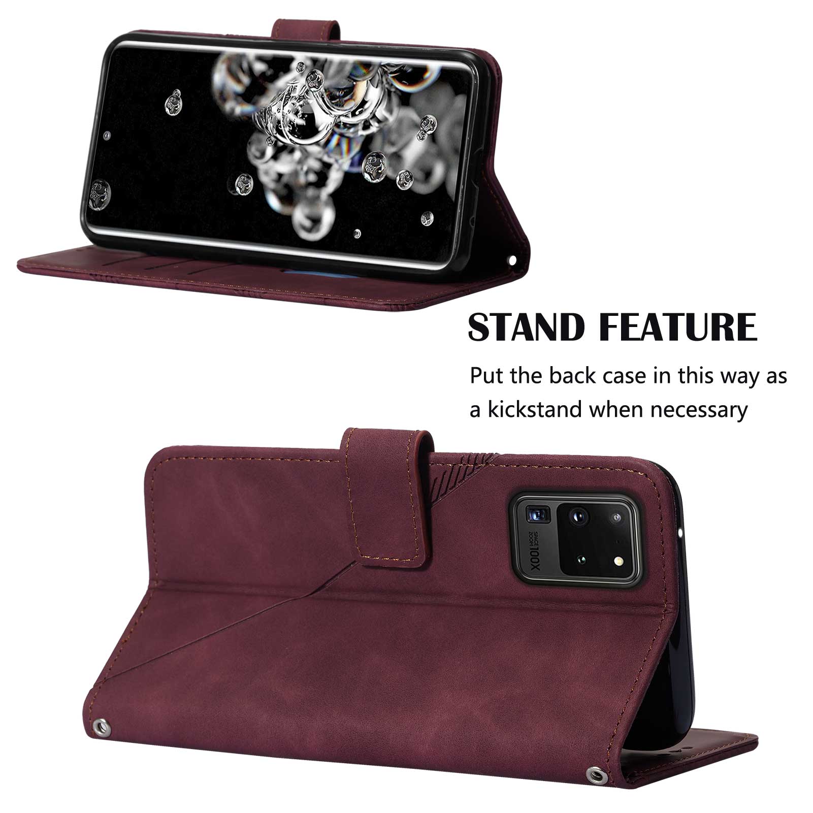 Imprinting Lines PU Leather Folio Flip Wallet Case Stand Magnetic Closure TPU Interior Phone Cover with Strap for Samsung Galaxy S20 Ultra - Wine Red