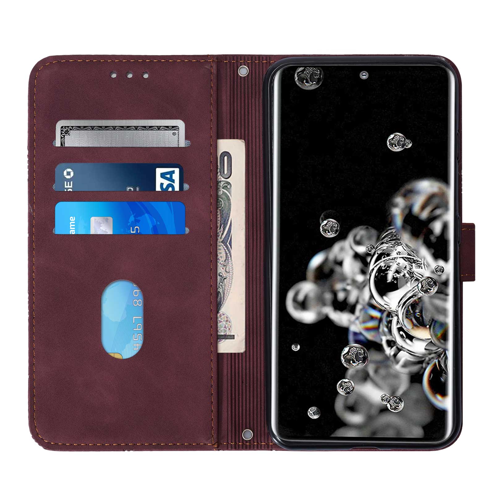 Imprinting Lines PU Leather Folio Flip Wallet Case Stand Magnetic Closure TPU Interior Phone Cover with Strap for Samsung Galaxy S20 Ultra - Wine Red