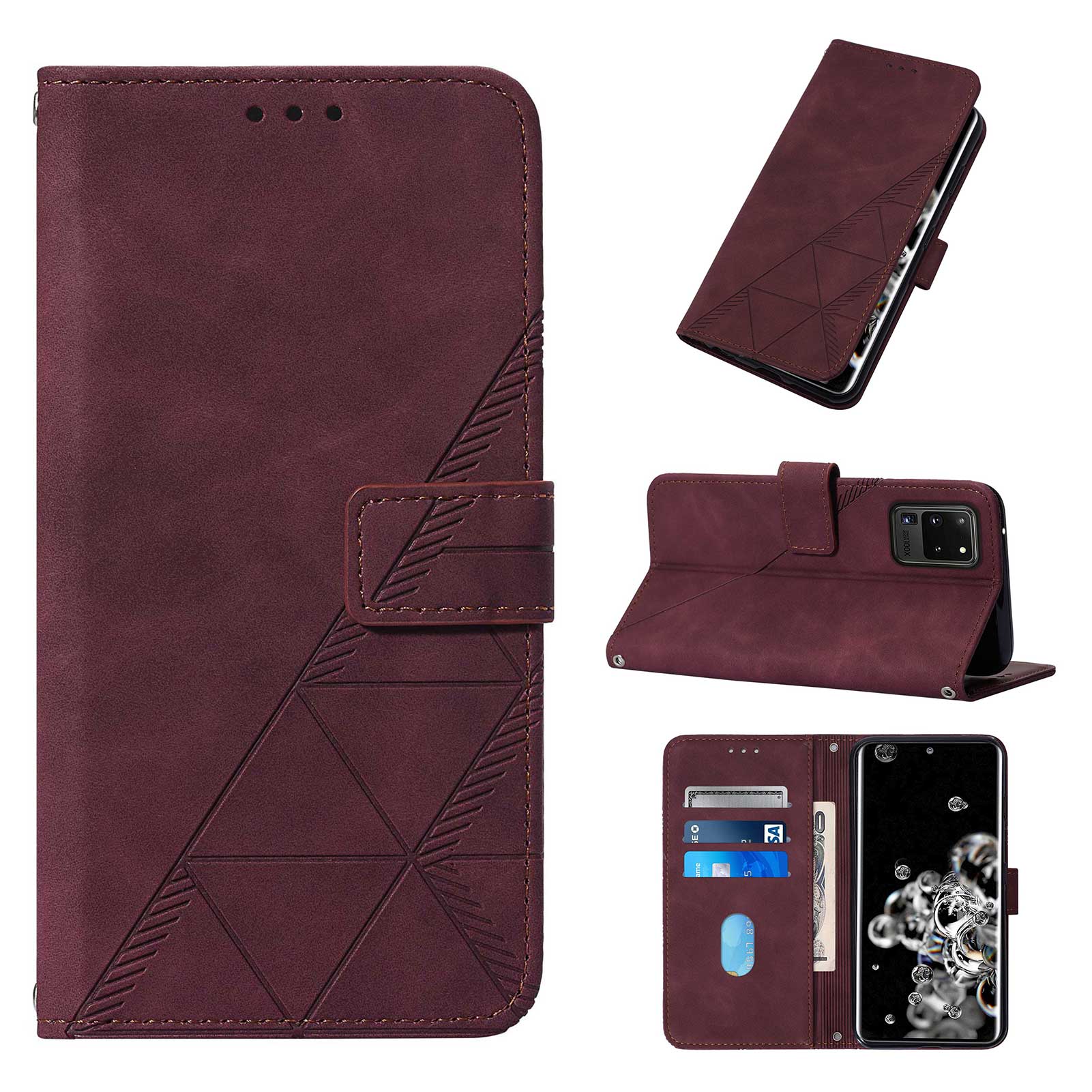 Imprinting Lines PU Leather Folio Flip Wallet Case Stand Magnetic Closure TPU Interior Phone Cover with Strap for Samsung Galaxy S20 Ultra - Wine Red