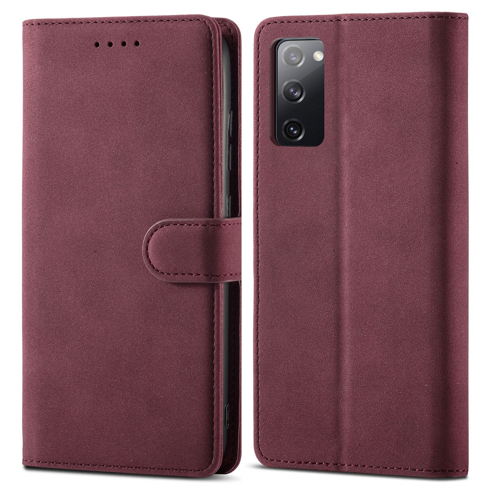 RFID Blocking Anti-scratch Matte Anti-fall PU Leather Stand Wallet Design Phone Case Cover for Samsung Galaxy S20 FE 2022/S20 FE/S20 FE 5G/S20 Lite - Wine Red