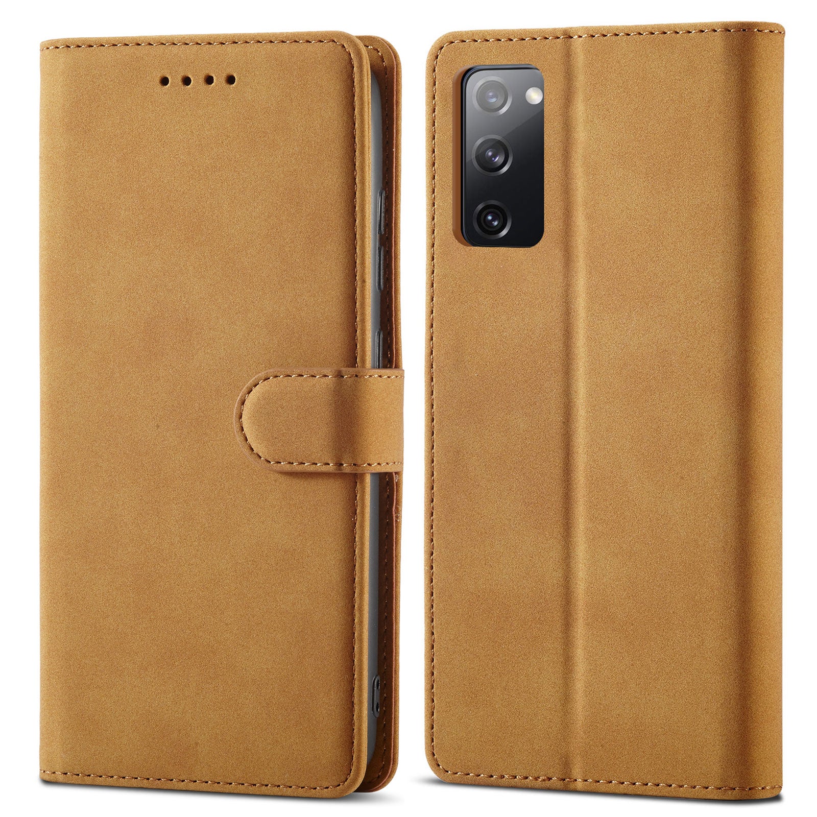 RFID Blocking Anti-scratch Matte Anti-fall PU Leather Stand Wallet Design Phone Case Cover for Samsung Galaxy S20 FE 2022/S20 FE/S20 FE 5G/S20 Lite - Light Brown