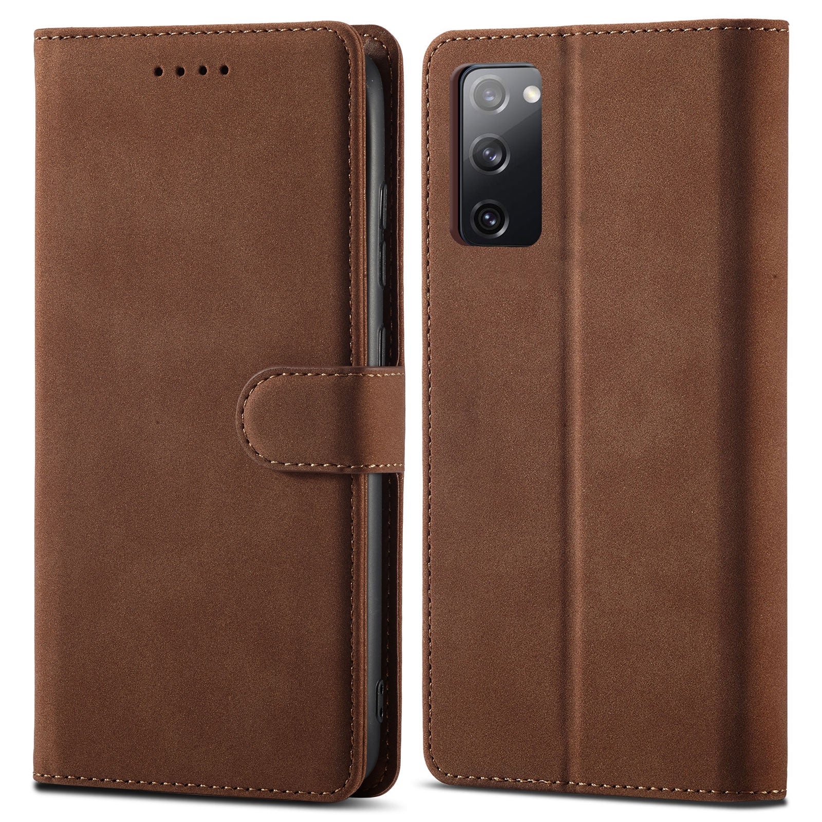 RFID Blocking Anti-scratch Matte Anti-fall PU Leather Stand Wallet Design Phone Case Cover for Samsung Galaxy S20 FE 2022/S20 FE/S20 FE 5G/S20 Lite - Dark Brown