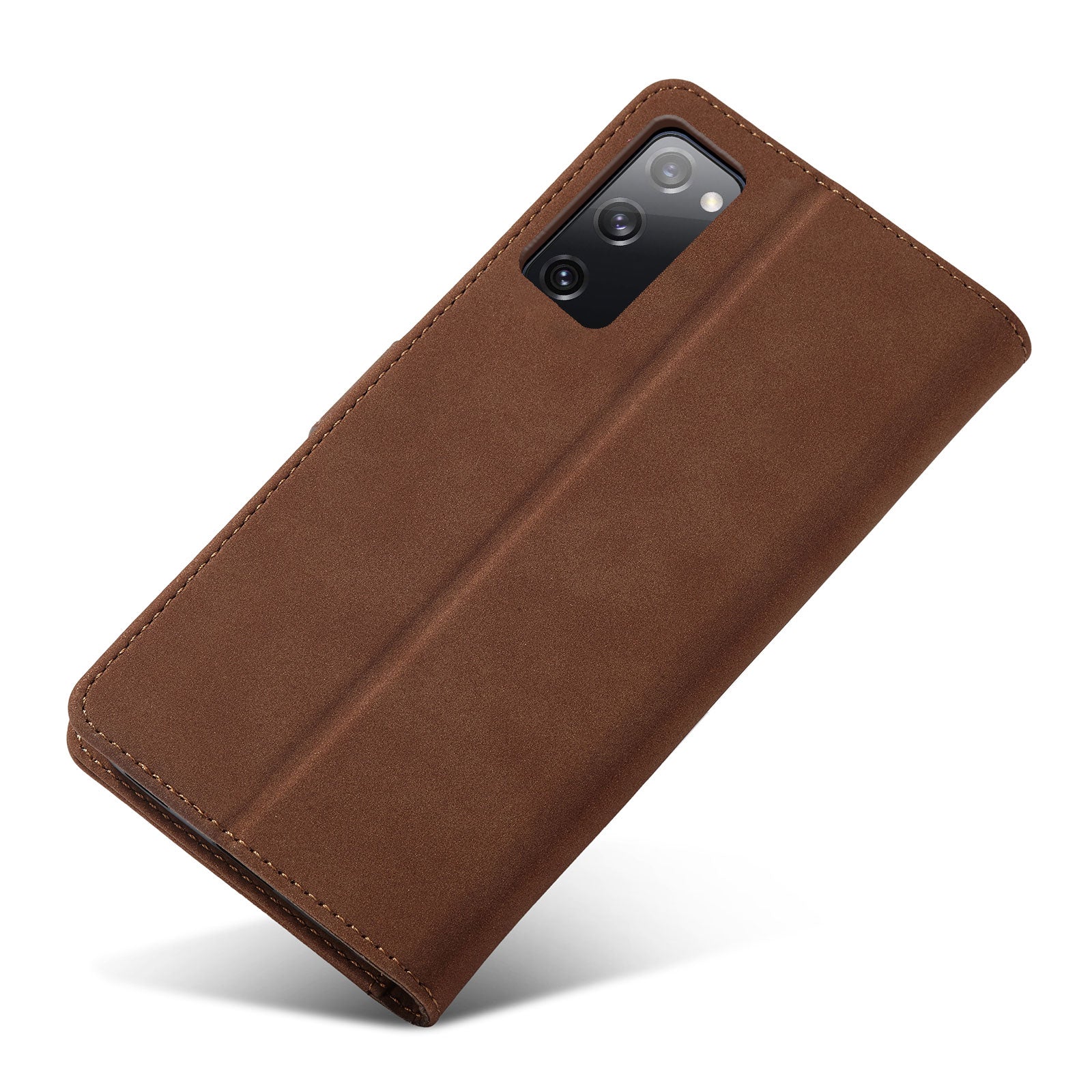 RFID Blocking Anti-scratch Matte Anti-fall PU Leather Stand Wallet Design Phone Case Cover for Samsung Galaxy S20 FE 2022/S20 FE/S20 FE 5G/S20 Lite - Dark Brown