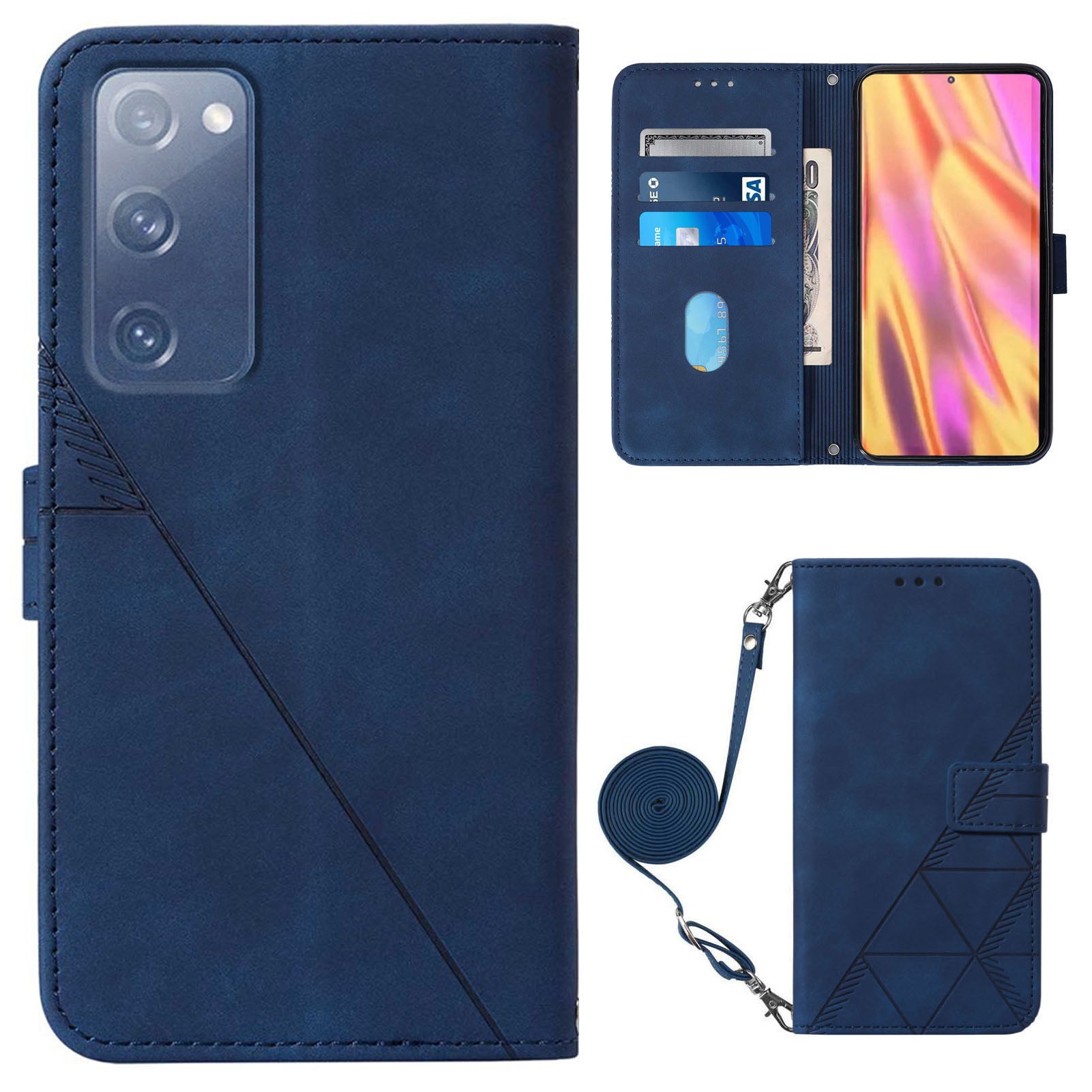 PB2-1 Series Stylish Lines Imprinting Magnetic Clasp Shock-absorption PU Leather + TPU Stand Wallet Phone Cover Case with Shoulder Strap for Samsung Galaxy S20 FE 2022/S20 FE/S20 FE 5G/S20 Lite - Sapphire