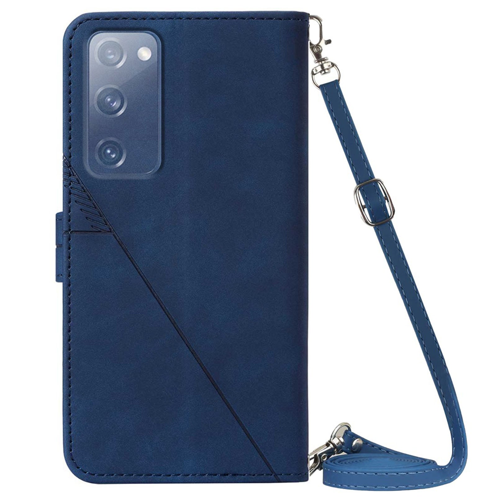 PB2-1 Series Stylish Lines Imprinting Magnetic Clasp Shock-absorption PU Leather + TPU Stand Wallet Phone Cover Case with Shoulder Strap for Samsung Galaxy S20 FE 2022/S20 FE/S20 FE 5G/S20 Lite - Sapphire