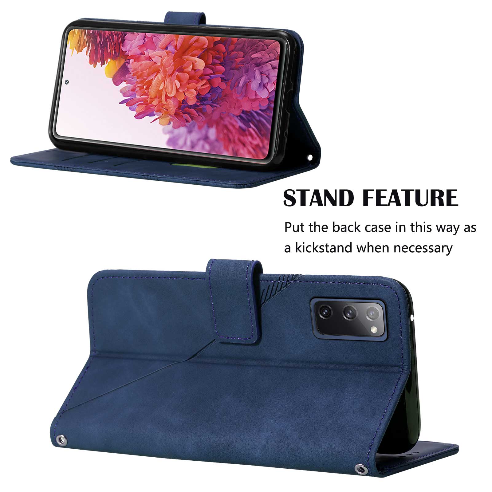 PB2-1 Series Stylish Lines Imprinting Magnetic Clasp Shock-absorption PU Leather + TPU Stand Wallet Phone Cover Case with Shoulder Strap for Samsung Galaxy S20 FE 2022/S20 FE/S20 FE 5G/S20 Lite - Sapphire