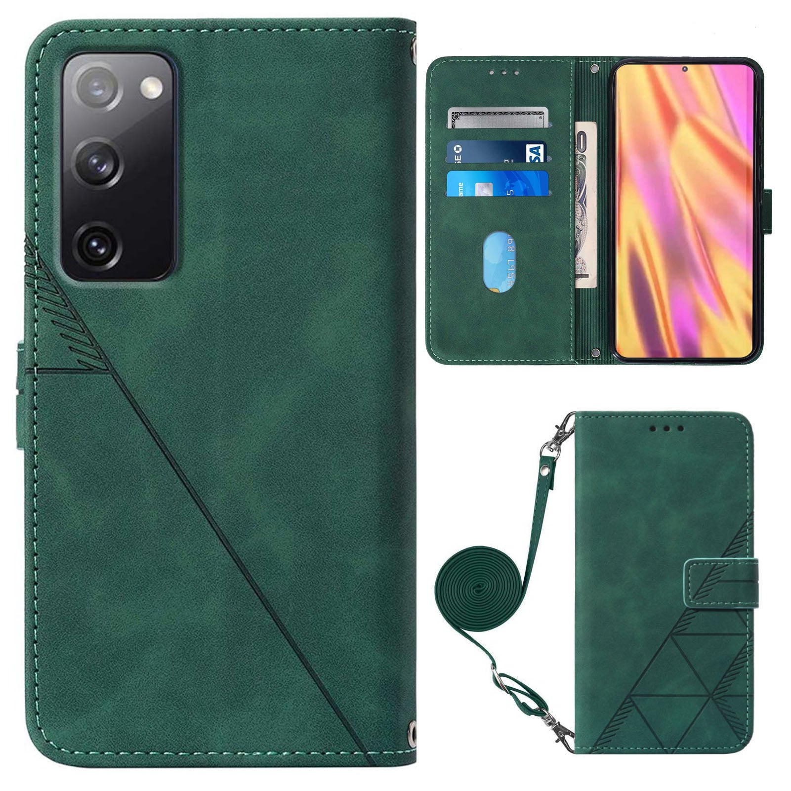 PB2-1 Series Stylish Lines Imprinting Magnetic Clasp Shock-absorption PU Leather + TPU Stand Wallet Phone Cover Case with Shoulder Strap for Samsung Galaxy S20 FE 2022/S20 FE/S20 FE 5G/S20 Lite - Blackish Green