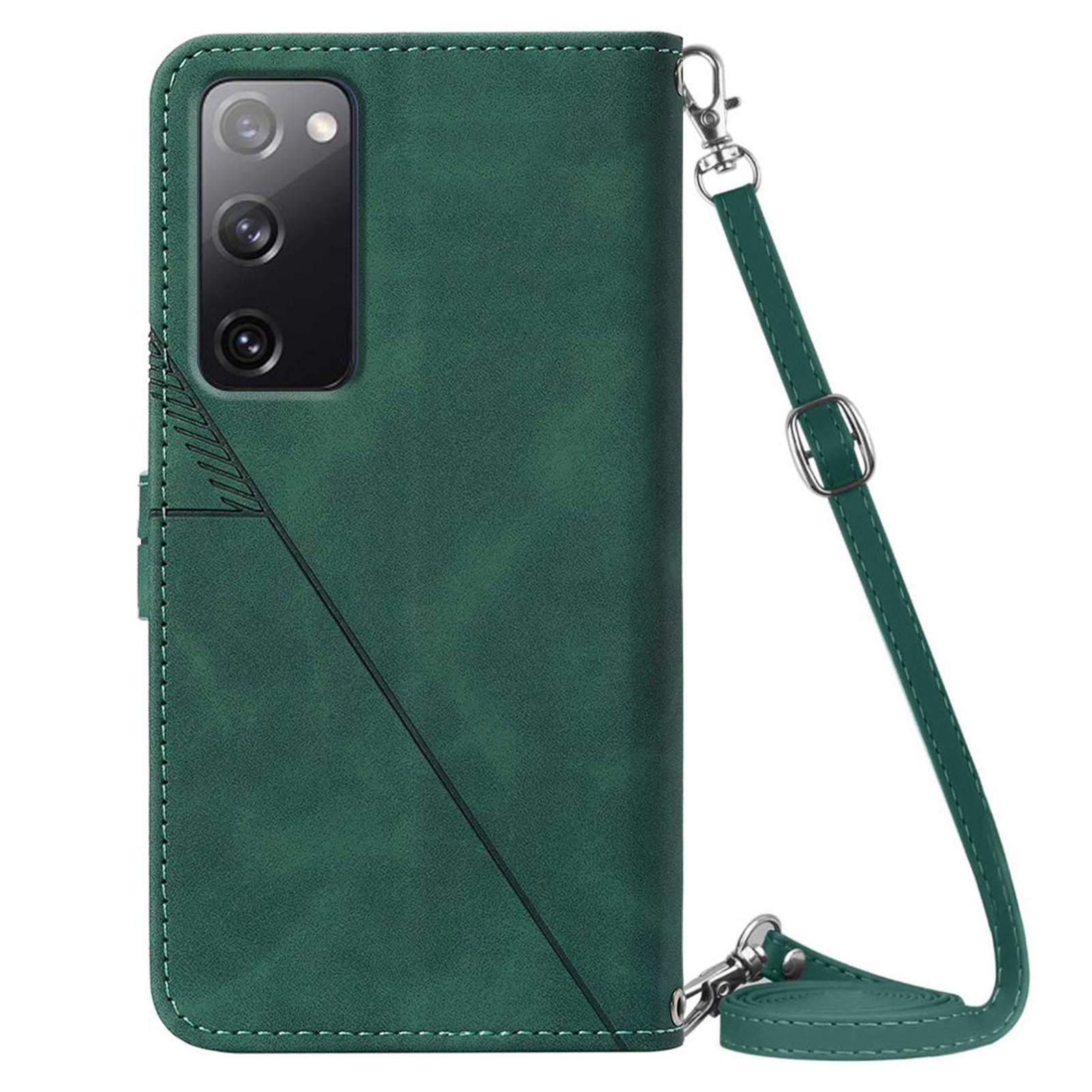 PB2-1 Series Stylish Lines Imprinting Magnetic Clasp Shock-absorption PU Leather + TPU Stand Wallet Phone Cover Case with Shoulder Strap for Samsung Galaxy S20 FE 2022/S20 FE/S20 FE 5G/S20 Lite - Blackish Green