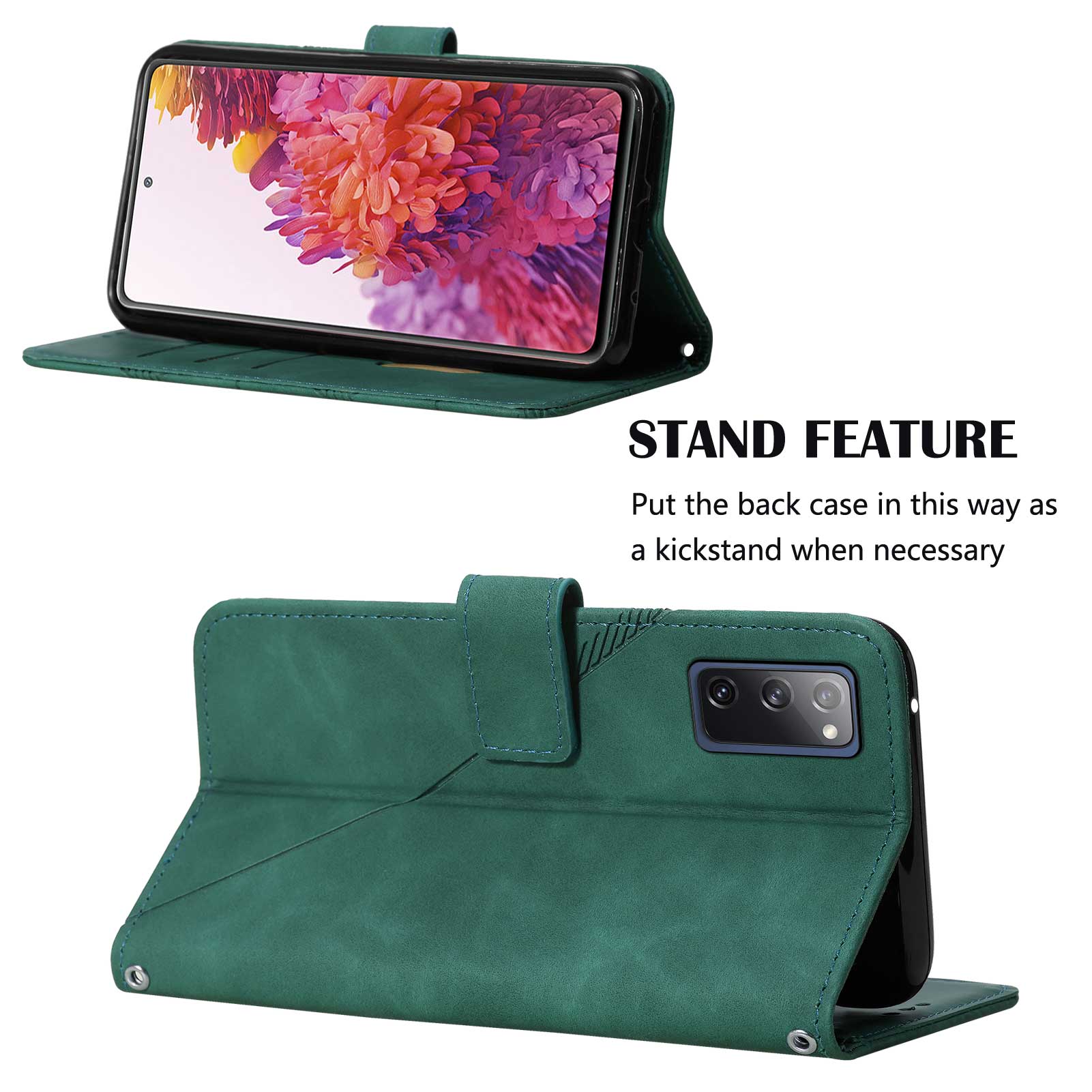 PB2-1 Series Stylish Lines Imprinting Magnetic Clasp Shock-absorption PU Leather + TPU Stand Wallet Phone Cover Case with Shoulder Strap for Samsung Galaxy S20 FE 2022/S20 FE/S20 FE 5G/S20 Lite - Blackish Green