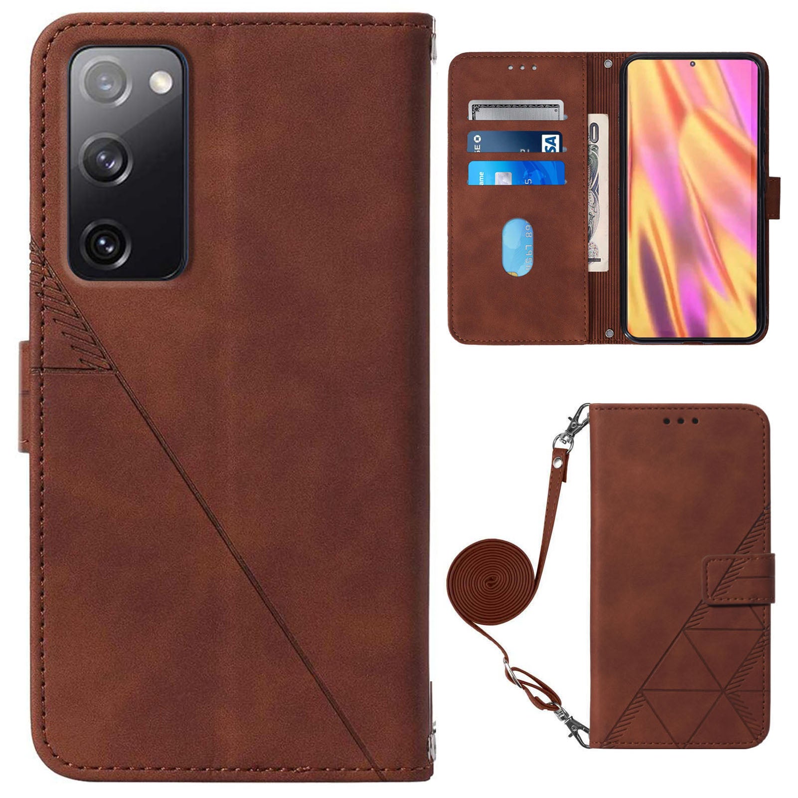 PB2-1 Series Stylish Lines Imprinting Magnetic Clasp Shock-absorption PU Leather + TPU Stand Wallet Phone Cover Case with Shoulder Strap for Samsung Galaxy S20 FE 2022/S20 FE/S20 FE 5G/S20 Lite - Brown