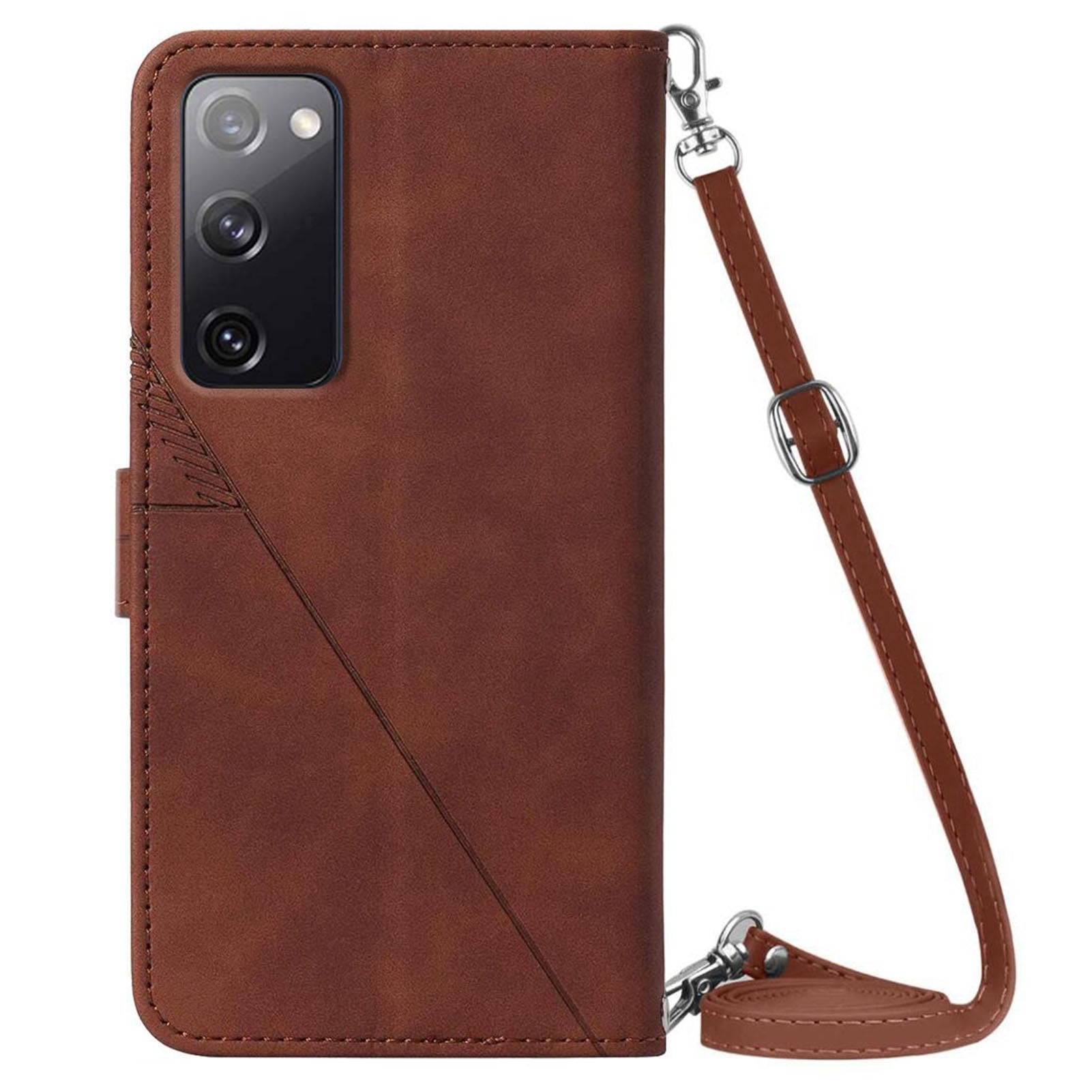 PB2-1 Series Stylish Lines Imprinting Magnetic Clasp Shock-absorption PU Leather + TPU Stand Wallet Phone Cover Case with Shoulder Strap for Samsung Galaxy S20 FE 2022/S20 FE/S20 FE 5G/S20 Lite - Brown