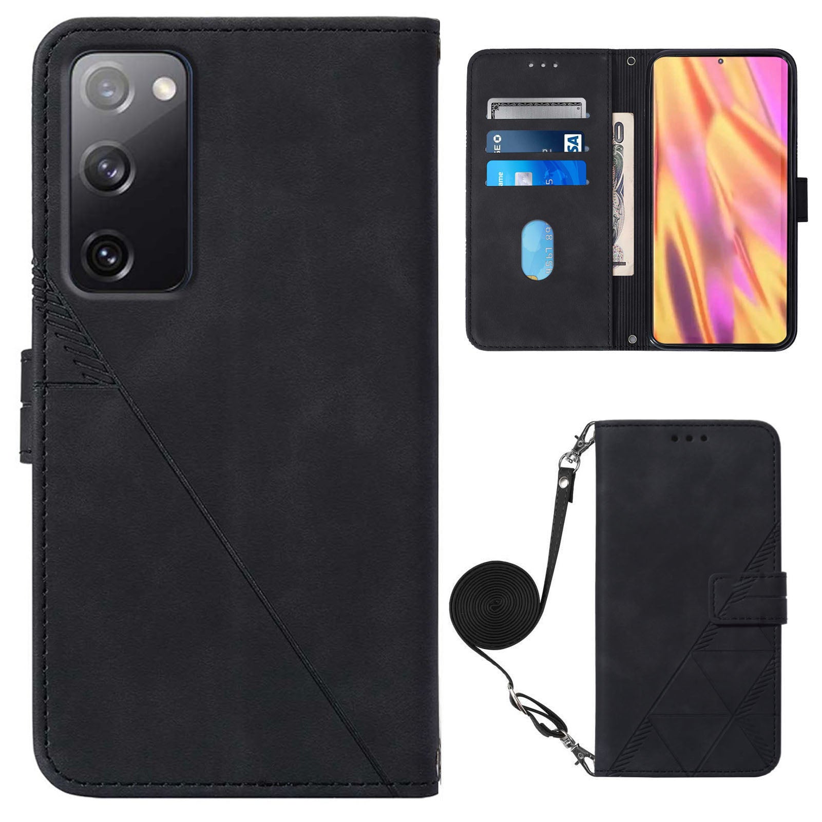 PB2-1 Series Stylish Lines Imprinting Magnetic Clasp Shock-absorption PU Leather + TPU Stand Wallet Phone Cover Case with Shoulder Strap for Samsung Galaxy S20 FE 2022/S20 FE/S20 FE 5G/S20 Lite - Black