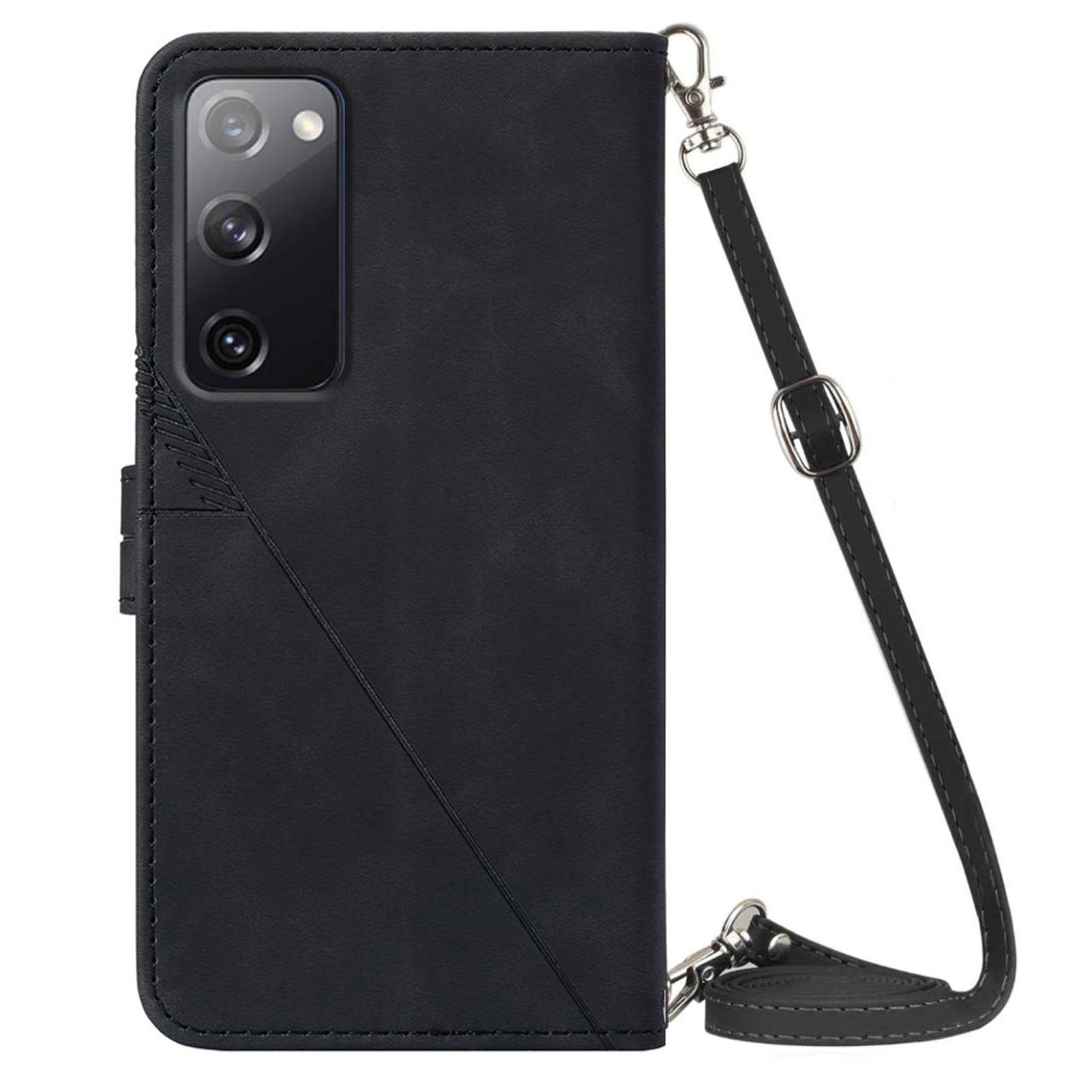 PB2-1 Series Stylish Lines Imprinting Magnetic Clasp Shock-absorption PU Leather + TPU Stand Wallet Phone Cover Case with Shoulder Strap for Samsung Galaxy S20 FE 2022/S20 FE/S20 FE 5G/S20 Lite - Black