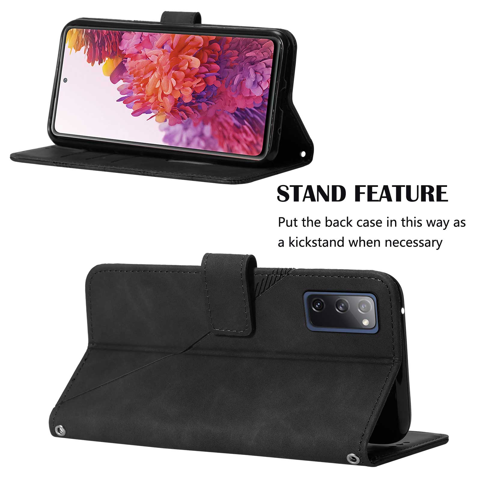 PB2-1 Series Stylish Lines Imprinting Magnetic Clasp Shock-absorption PU Leather + TPU Stand Wallet Phone Cover Case with Shoulder Strap for Samsung Galaxy S20 FE 2022/S20 FE/S20 FE 5G/S20 Lite - Black