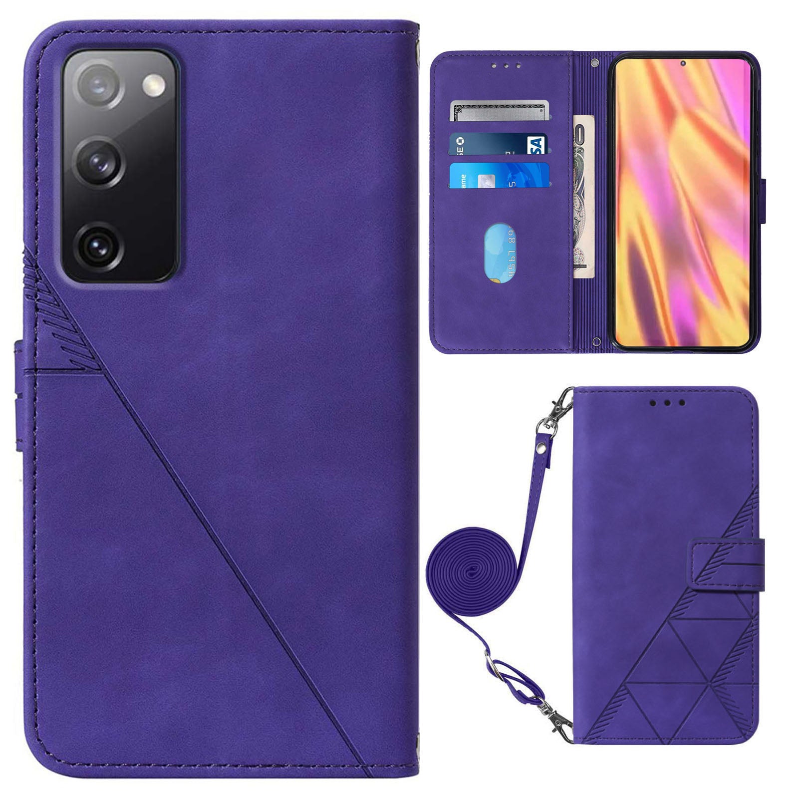 PB2-1 Series Stylish Lines Imprinting Magnetic Clasp Shock-absorption PU Leather + TPU Stand Wallet Phone Cover Case with Shoulder Strap for Samsung Galaxy S20 FE 2022/S20 FE/S20 FE 5G/S20 Lite - Purple