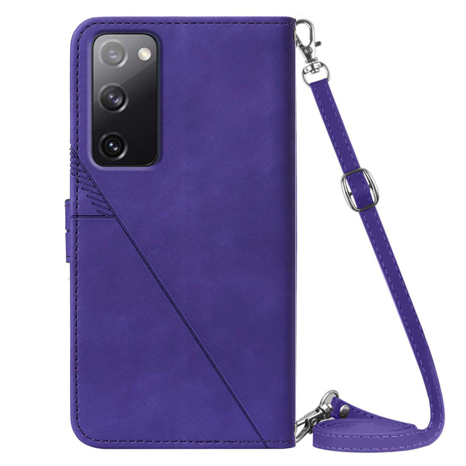 PB2-1 Series Stylish Lines Imprinting Magnetic Clasp Shock-absorption PU Leather + TPU Stand Wallet Phone Cover Case with Shoulder Strap for Samsung Galaxy S20 FE 2022/S20 FE/S20 FE 5G/S20 Lite - Purple