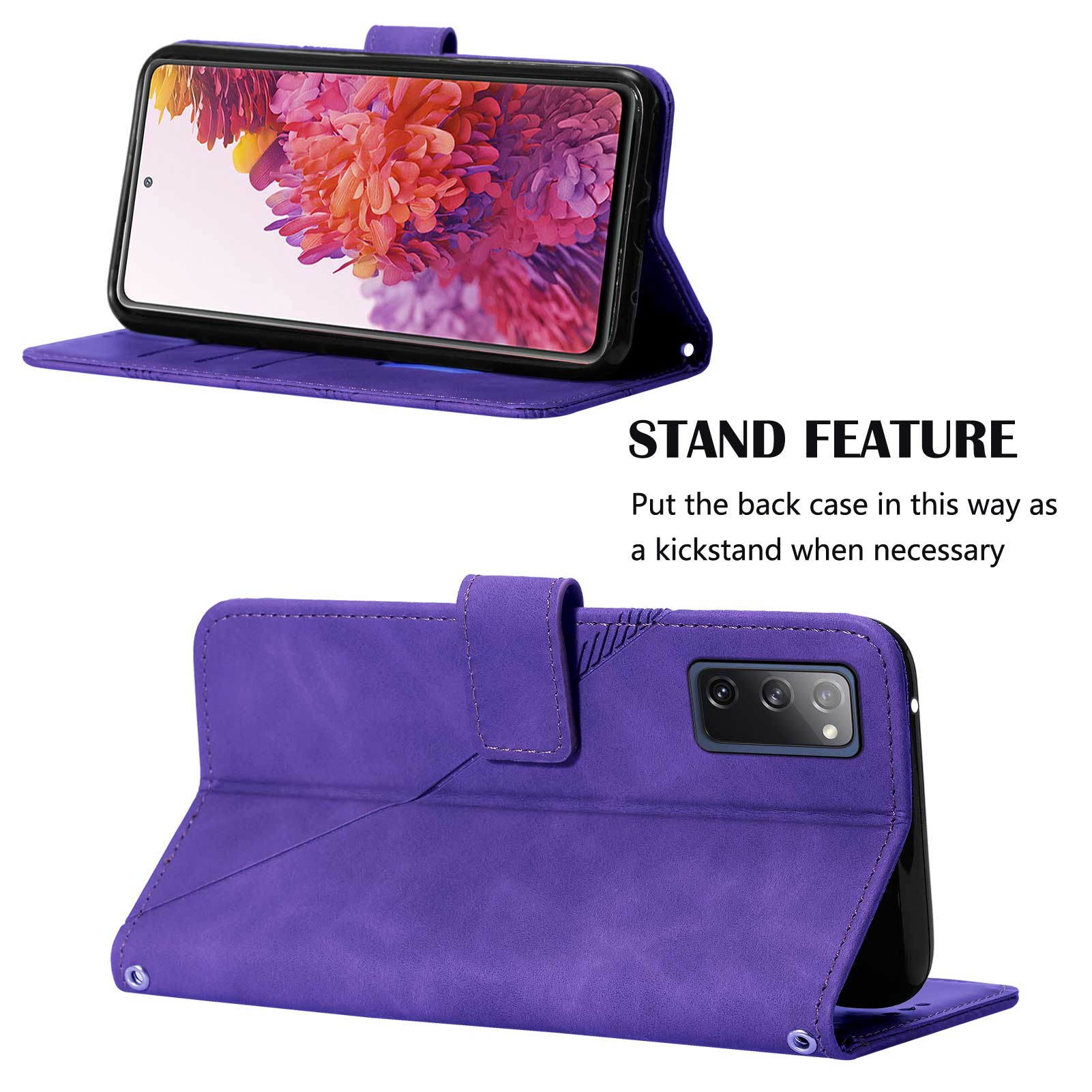 PB2-1 Series Stylish Lines Imprinting Magnetic Clasp Shock-absorption PU Leather + TPU Stand Wallet Phone Cover Case with Shoulder Strap for Samsung Galaxy S20 FE 2022/S20 FE/S20 FE 5G/S20 Lite - Purple