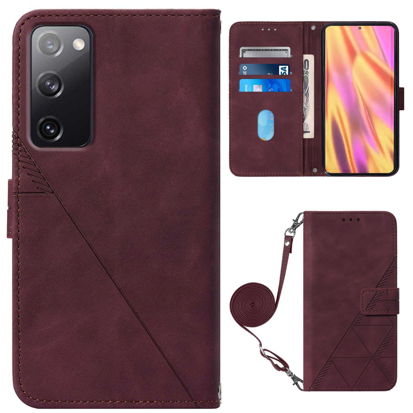 PB2-1 Series Stylish Lines Imprinting Magnetic Clasp Shock-absorption PU Leather + TPU Stand Wallet Phone Cover Case with Shoulder Strap for Samsung Galaxy S20 FE 2022/S20 FE/S20 FE 5G/S20 Lite - Wine Red