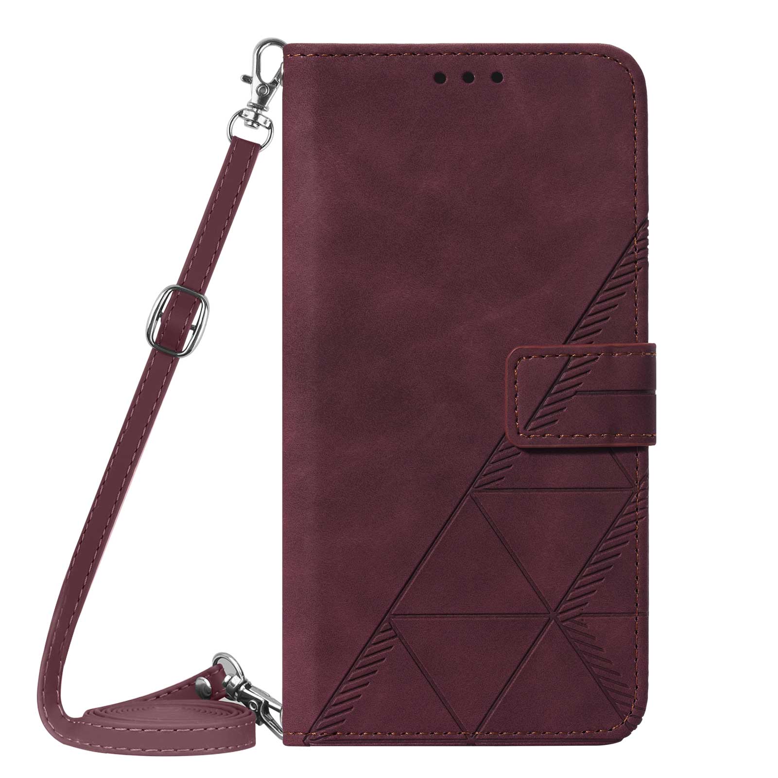 PB2-1 Series Stylish Lines Imprinting Magnetic Clasp Shock-absorption PU Leather + TPU Stand Wallet Phone Cover Case with Shoulder Strap for Samsung Galaxy S20 FE 2022/S20 FE/S20 FE 5G/S20 Lite - Wine Red