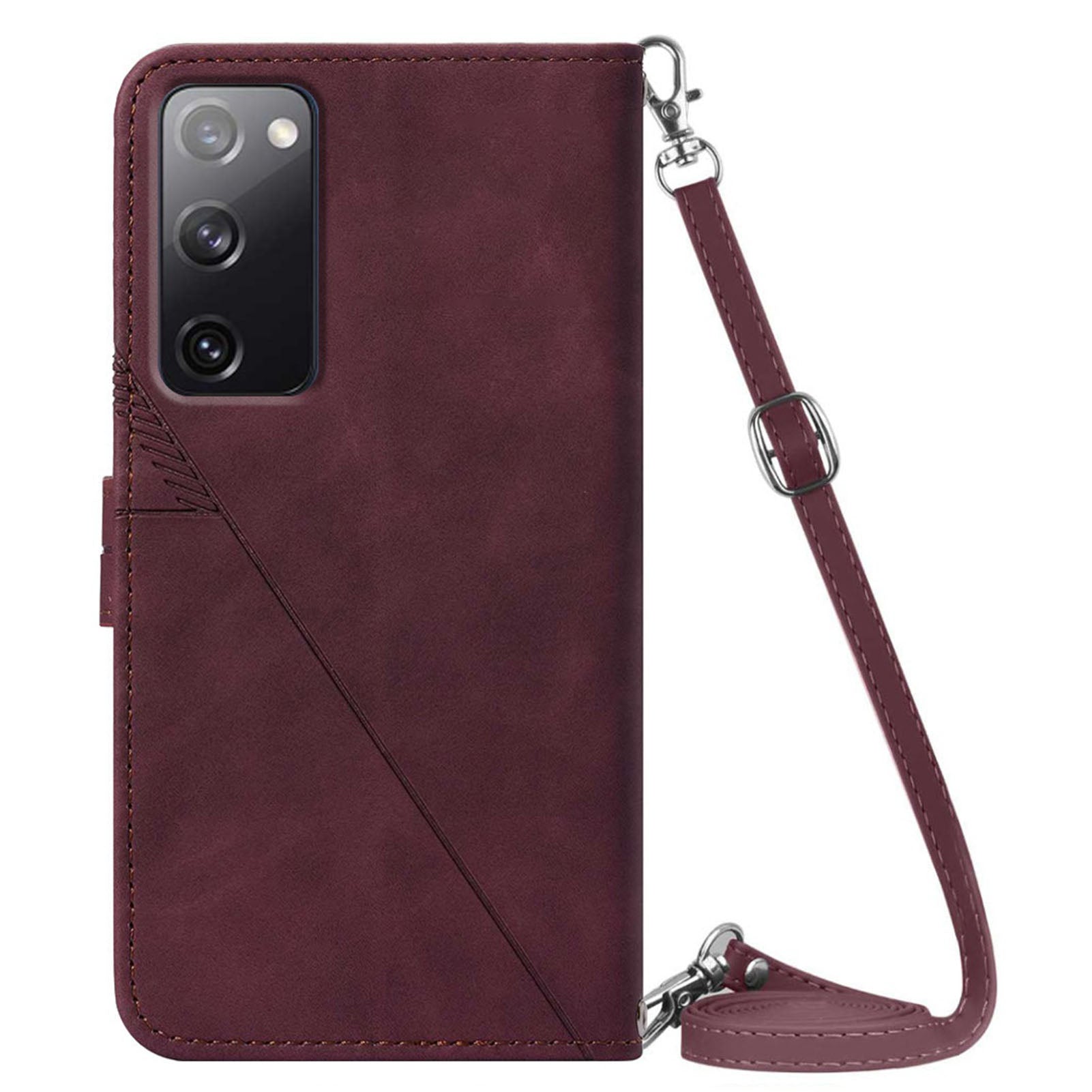 PB2-1 Series Stylish Lines Imprinting Magnetic Clasp Shock-absorption PU Leather + TPU Stand Wallet Phone Cover Case with Shoulder Strap for Samsung Galaxy S20 FE 2022/S20 FE/S20 FE 5G/S20 Lite - Wine Red