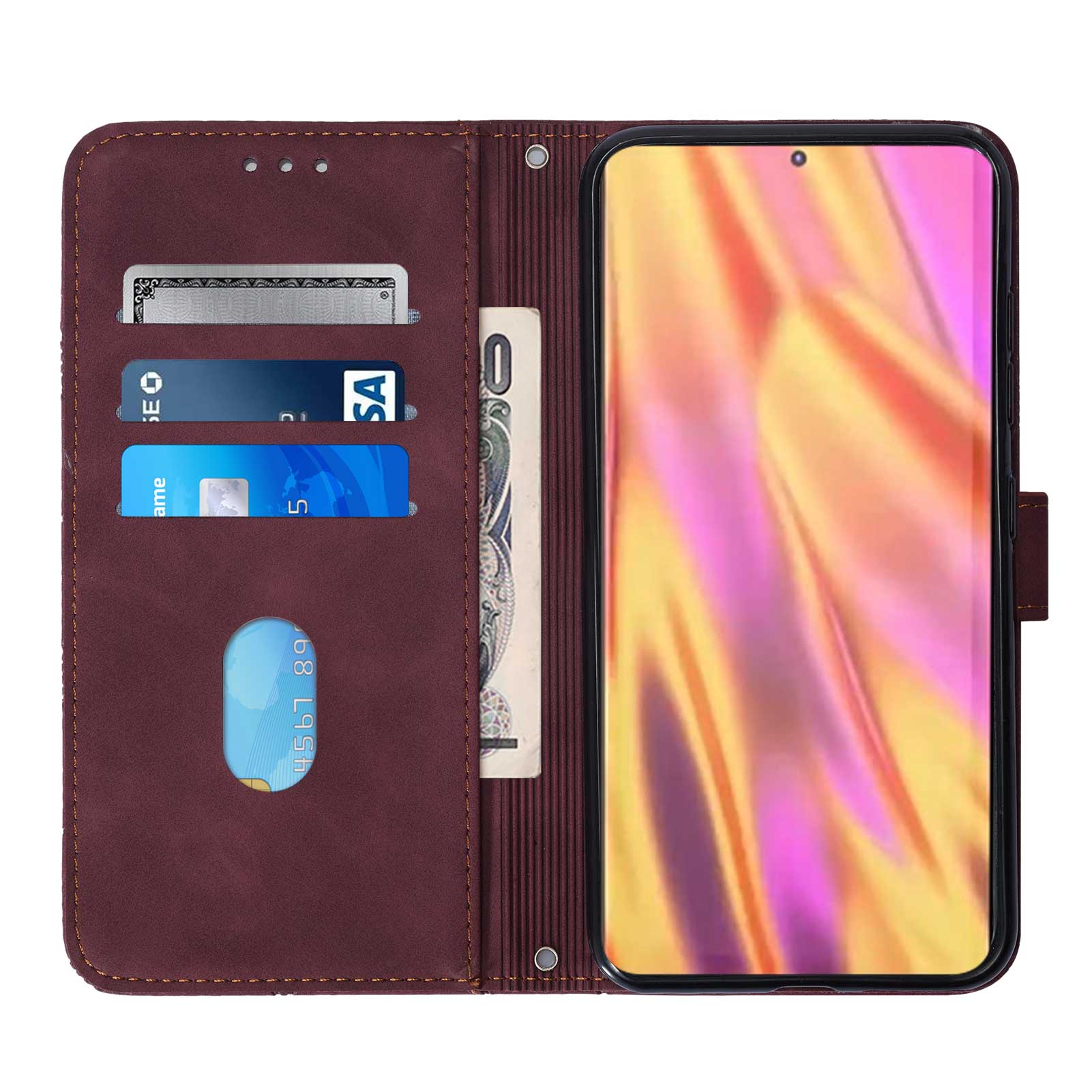 PB2-1 Series Stylish Lines Imprinting Magnetic Clasp Shock-absorption PU Leather + TPU Stand Wallet Phone Cover Case with Shoulder Strap for Samsung Galaxy S20 FE 2022/S20 FE/S20 FE 5G/S20 Lite - Wine Red