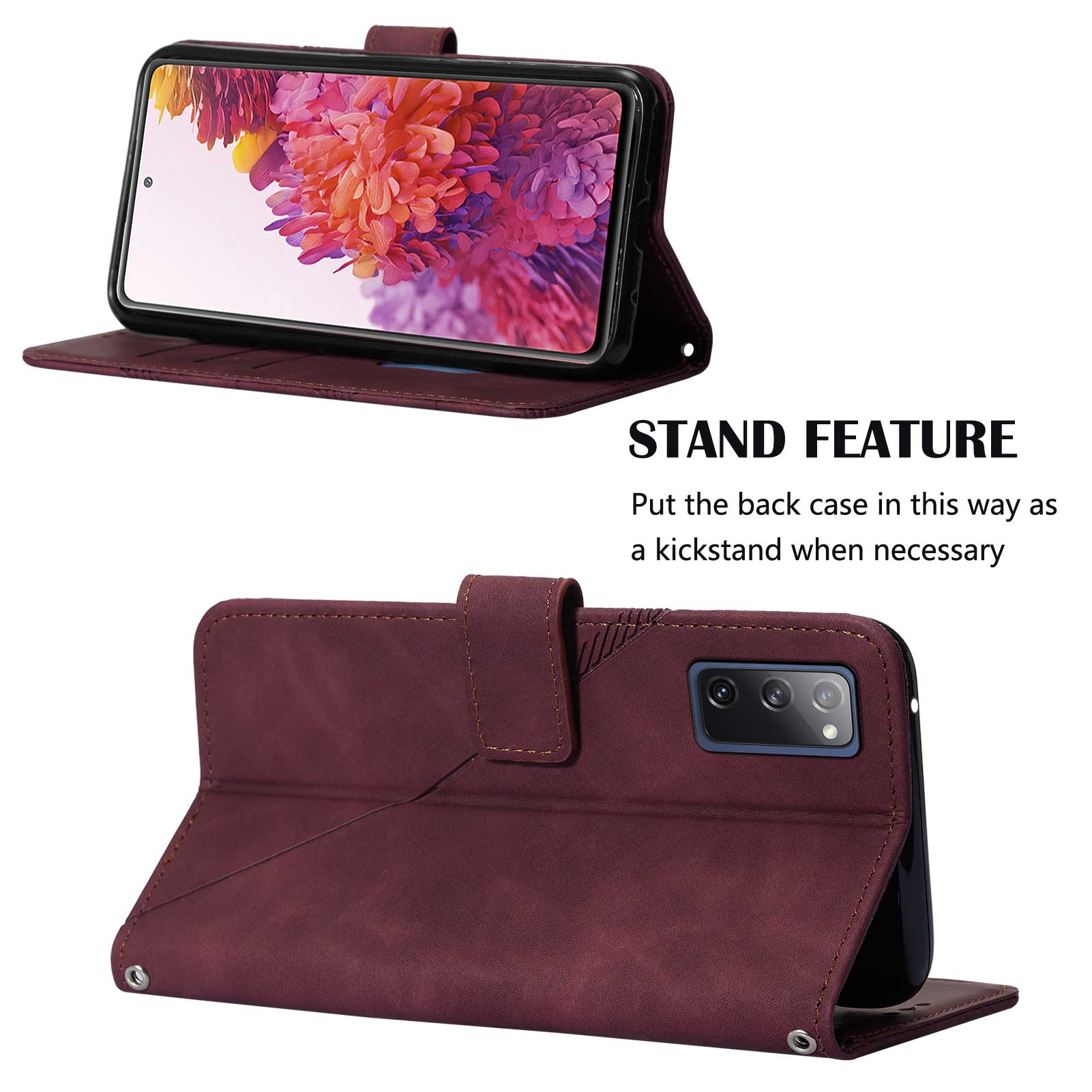 PB2-1 Series Stylish Lines Imprinting Magnetic Clasp Shock-absorption PU Leather + TPU Stand Wallet Phone Cover Case with Shoulder Strap for Samsung Galaxy S20 FE 2022/S20 FE/S20 FE 5G/S20 Lite - Wine Red