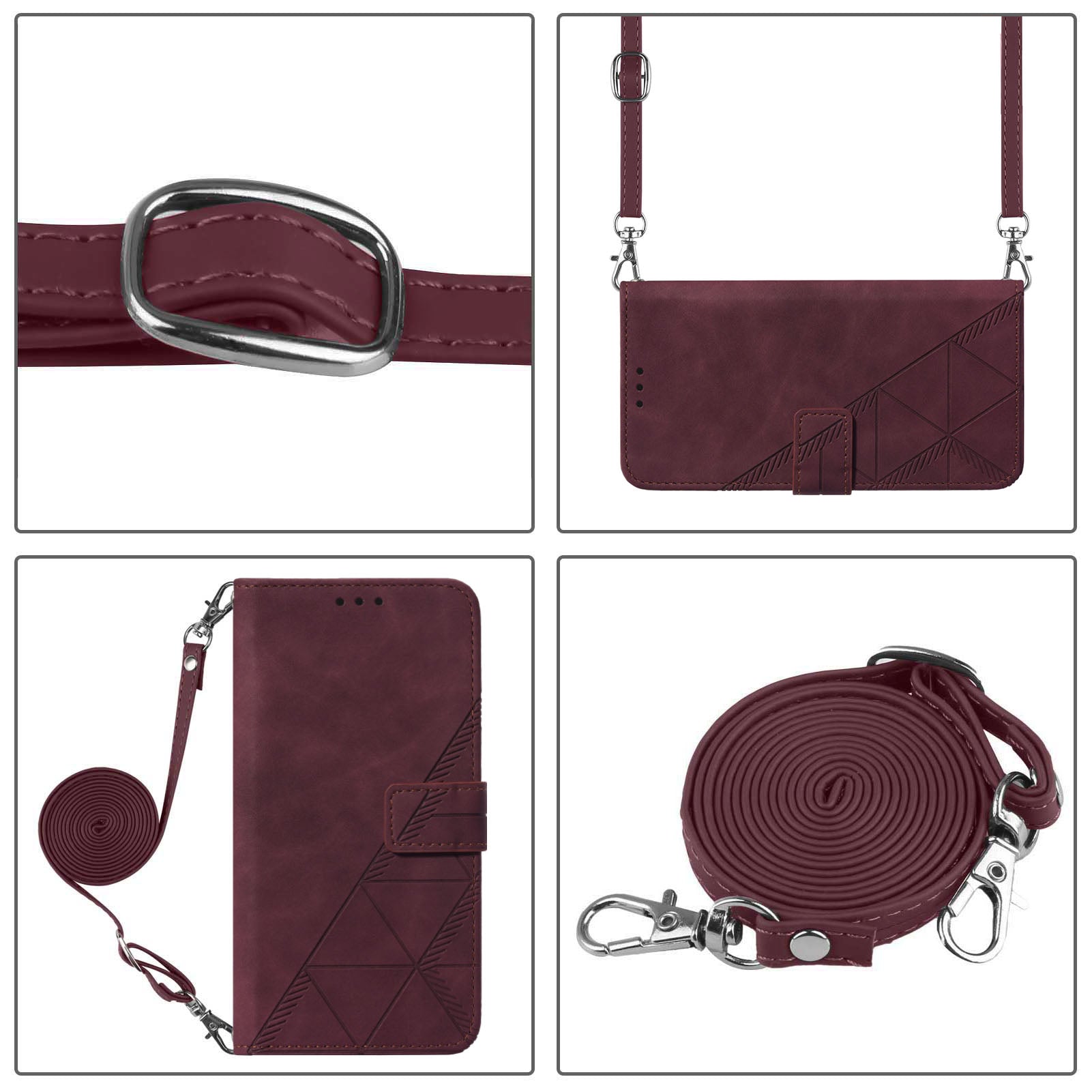 PB2-1 Series Stylish Lines Imprinting Magnetic Clasp Shock-absorption PU Leather + TPU Stand Wallet Phone Cover Case with Shoulder Strap for Samsung Galaxy S20 FE 2022/S20 FE/S20 FE 5G/S20 Lite - Wine Red