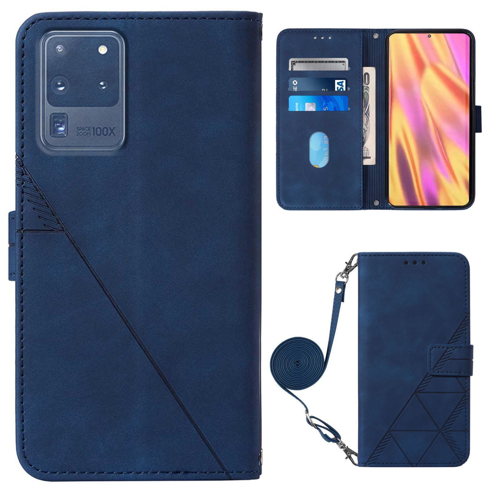 PB2-1 Series Fashionable PU Leather Supporting Stand Wallet Phone Cover Mobile Phone Case with Shoulder Strap for Samsung Galaxy S20 Ultra - Sapphire