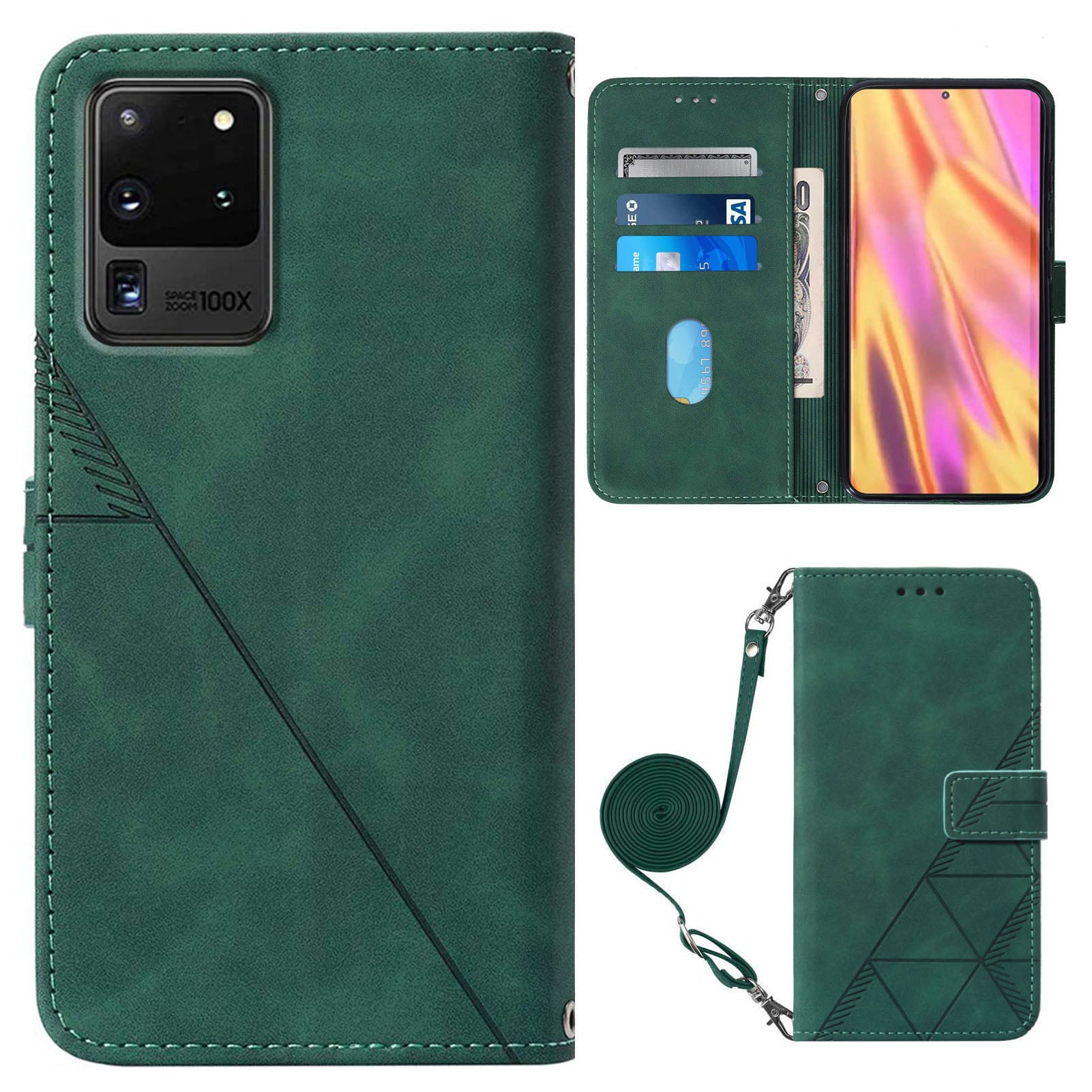 PB2-1 Series Fashionable PU Leather Supporting Stand Wallet Phone Cover Mobile Phone Case with Shoulder Strap for Samsung Galaxy S20 Ultra - Blackish Green