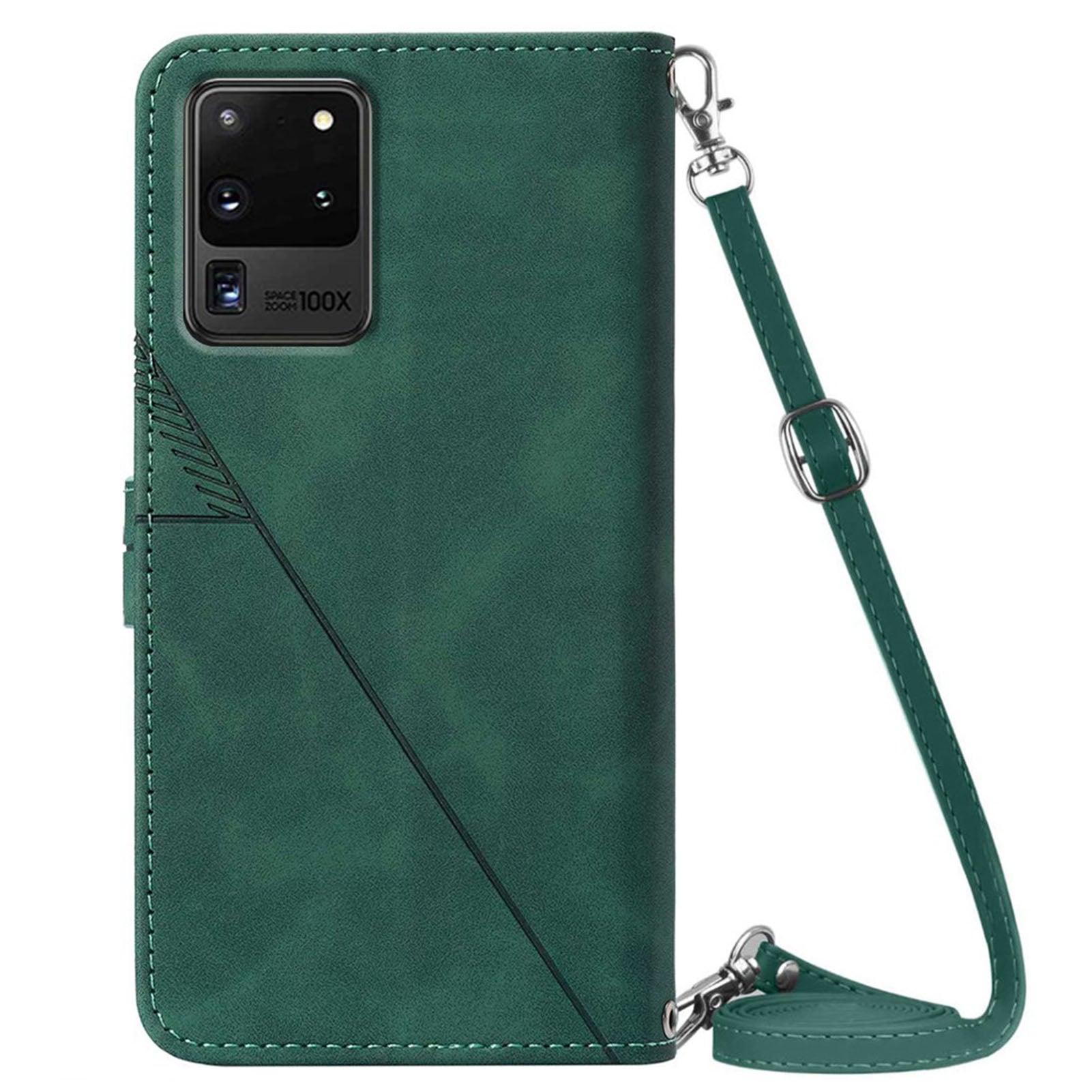 PB2-1 Series Fashionable PU Leather Supporting Stand Wallet Phone Cover Mobile Phone Case with Shoulder Strap for Samsung Galaxy S20 Ultra - Blackish Green