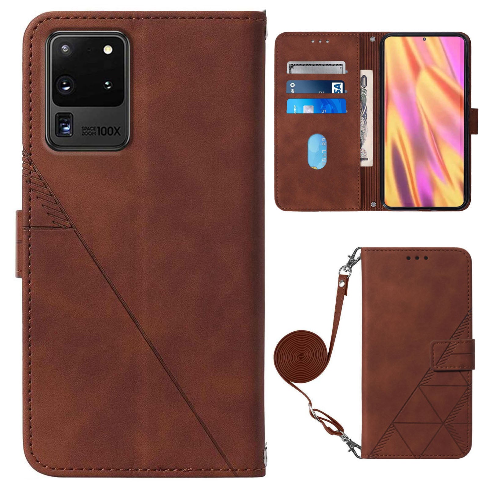 PB2-1 Series Fashionable PU Leather Supporting Stand Wallet Phone Cover Mobile Phone Case with Shoulder Strap for Samsung Galaxy S20 Ultra - Brown