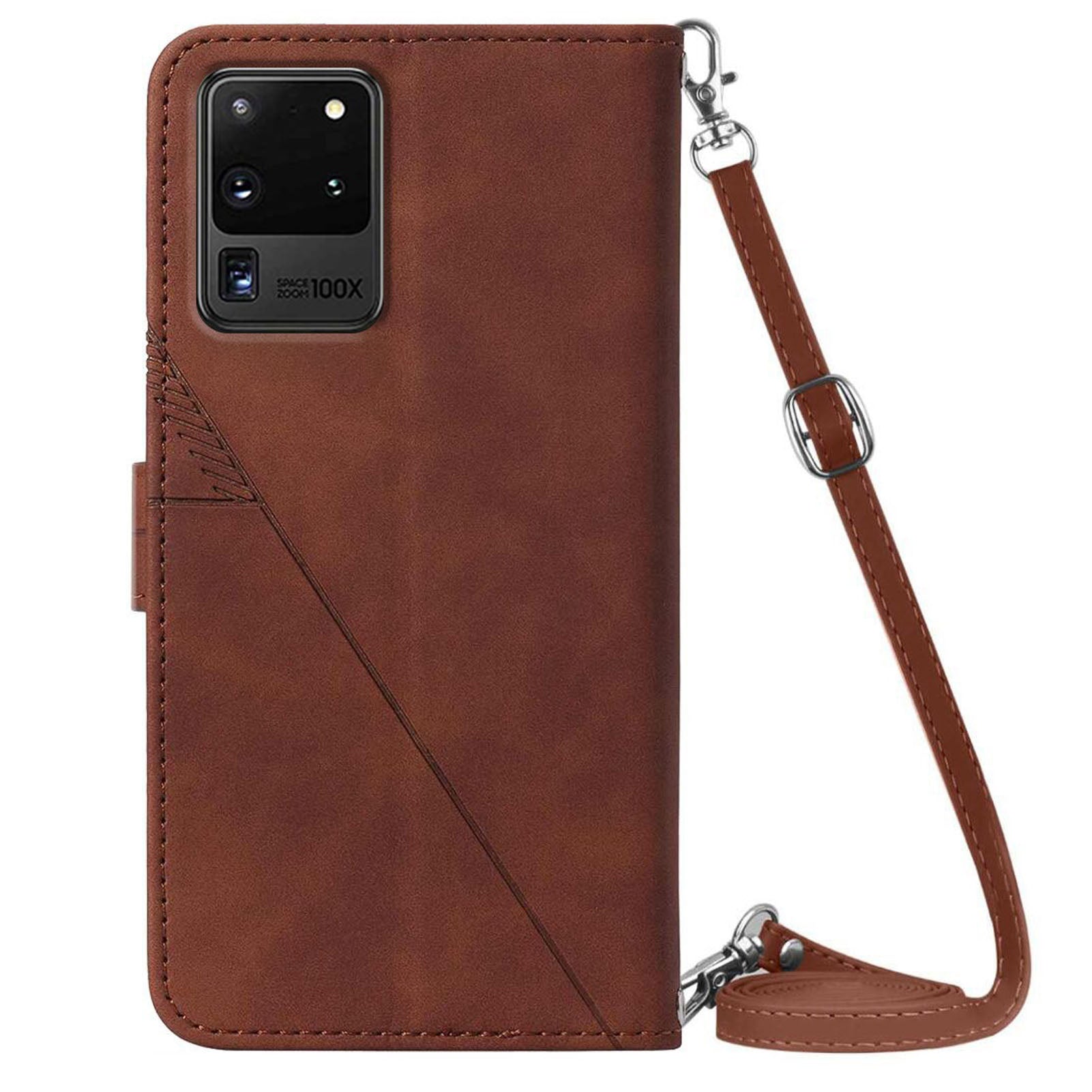 PB2-1 Series Fashionable PU Leather Supporting Stand Wallet Phone Cover Mobile Phone Case with Shoulder Strap for Samsung Galaxy S20 Ultra - Brown