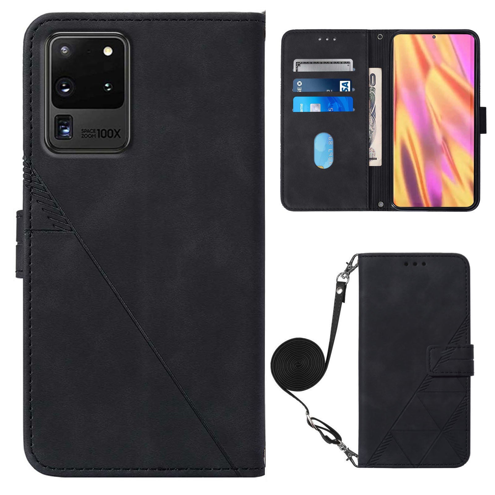 PB2-1 Series Fashionable PU Leather Supporting Stand Wallet Phone Cover Mobile Phone Case with Shoulder Strap for Samsung Galaxy S20 Ultra - Black