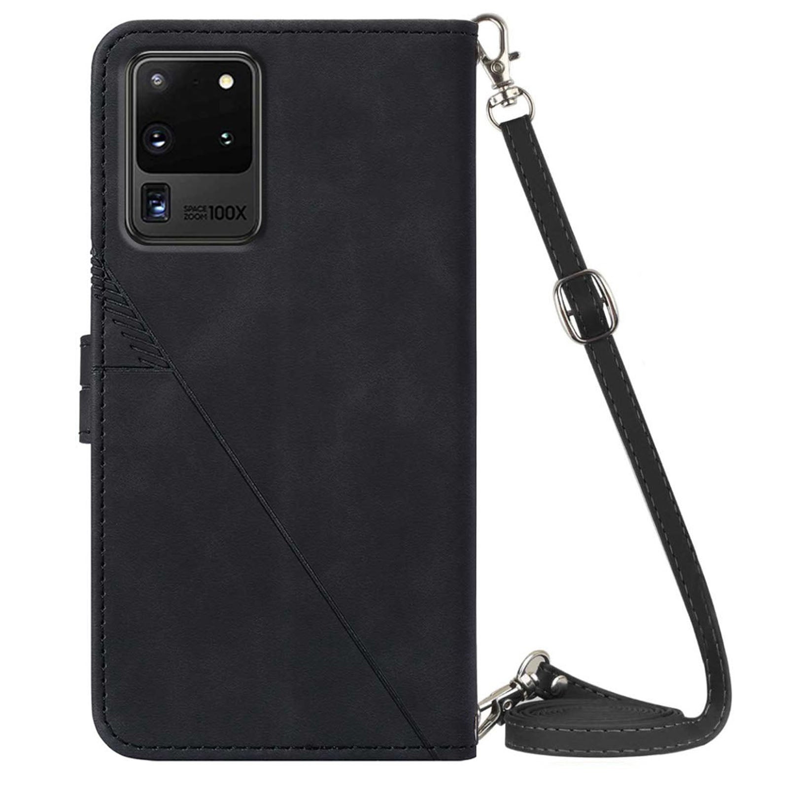 PB2-1 Series Fashionable PU Leather Supporting Stand Wallet Phone Cover Mobile Phone Case with Shoulder Strap for Samsung Galaxy S20 Ultra - Black