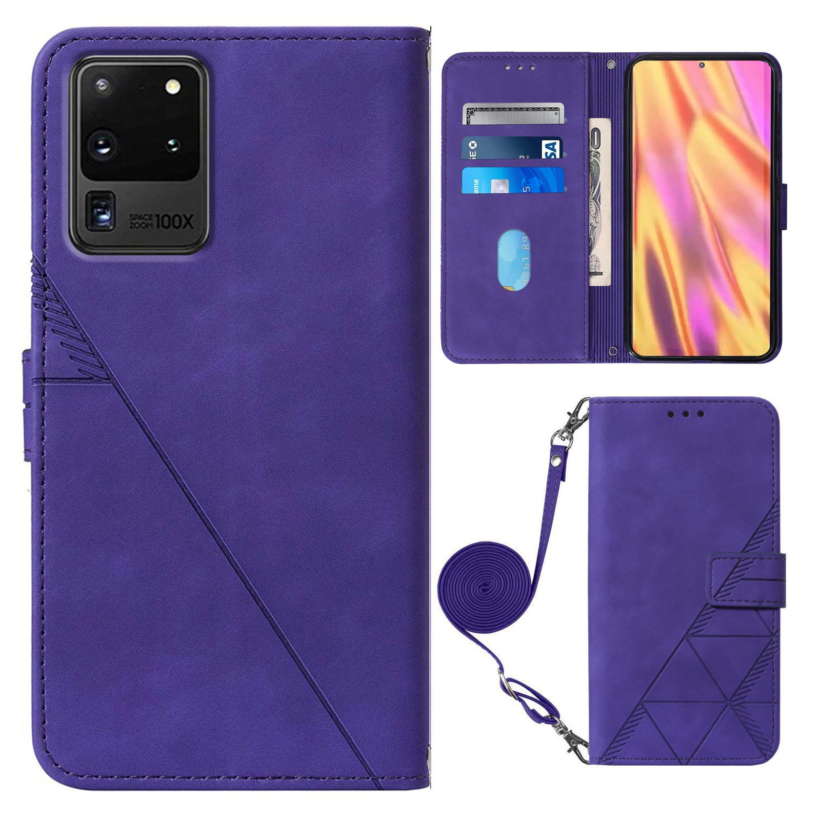 PB2-1 Series Fashionable PU Leather Supporting Stand Wallet Phone Cover Mobile Phone Case with Shoulder Strap for Samsung Galaxy S20 Ultra - Purple