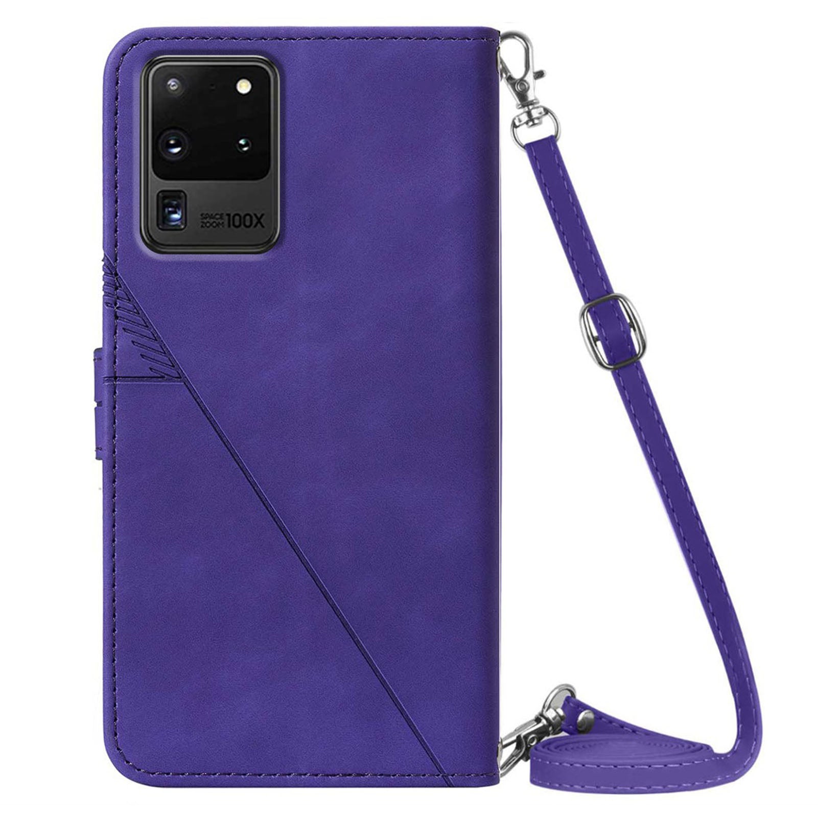 PB2-1 Series Fashionable PU Leather Supporting Stand Wallet Phone Cover Mobile Phone Case with Shoulder Strap for Samsung Galaxy S20 Ultra - Purple