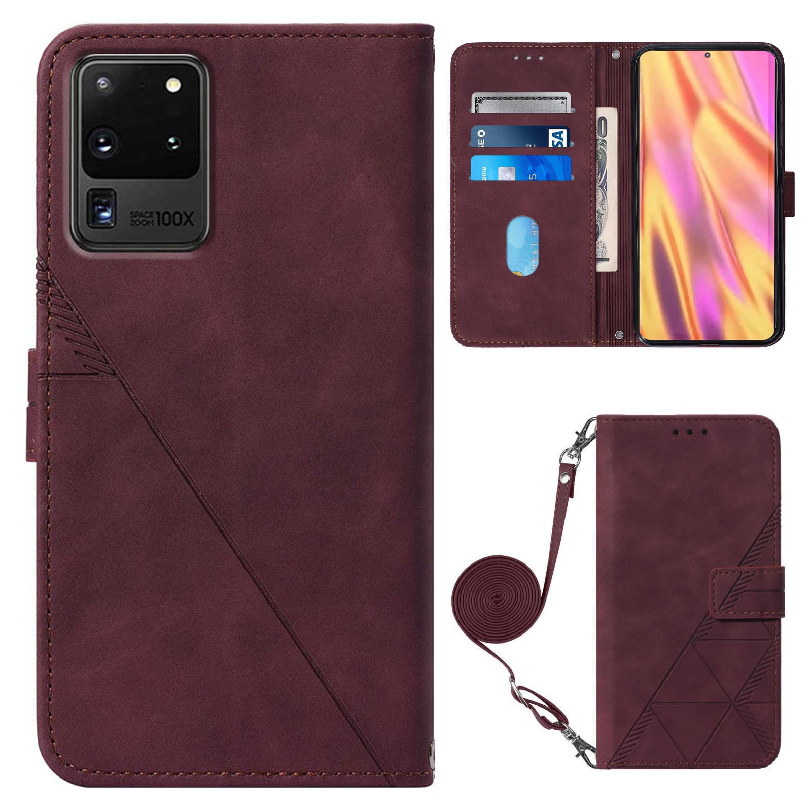 PB2-1 Series Fashionable PU Leather Supporting Stand Wallet Phone Cover Mobile Phone Case with Shoulder Strap for Samsung Galaxy S20 Ultra - Wine Red