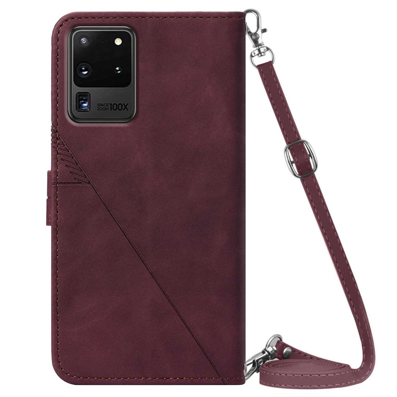 PB2-1 Series Fashionable PU Leather Supporting Stand Wallet Phone Cover Mobile Phone Case with Shoulder Strap for Samsung Galaxy S20 Ultra - Wine Red