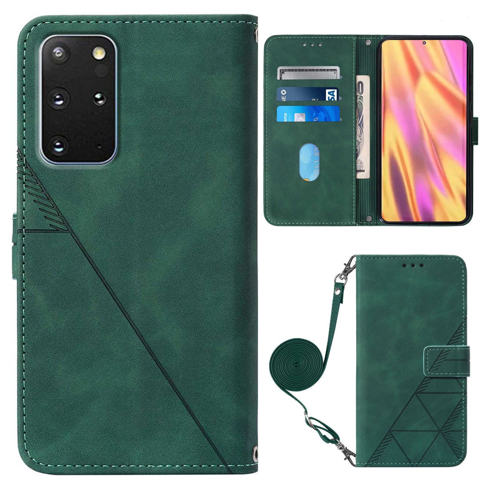 PB2-1 Series Stylish Lines Imprinting Magnetic Clasp Anti-dust Mobile Phone Bag Case PU Leather + TPU Stand Wallet Phone Cover with Shoulder Strap for Samsung Galaxy S20 Plus 4G/5G - Blackish Green