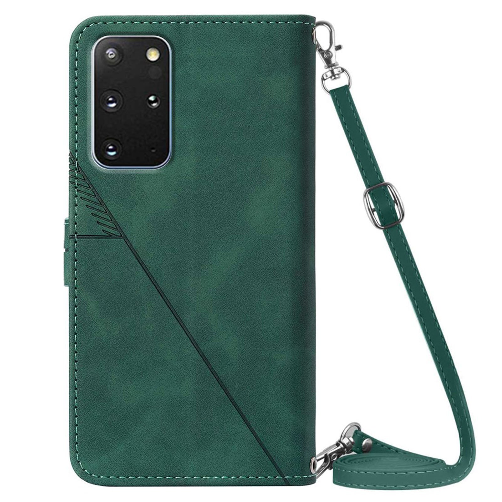 PB2-1 Series Stylish Lines Imprinting Magnetic Clasp Anti-dust Mobile Phone Bag Case PU Leather + TPU Stand Wallet Phone Cover with Shoulder Strap for Samsung Galaxy S20 Plus 4G/5G - Blackish Green