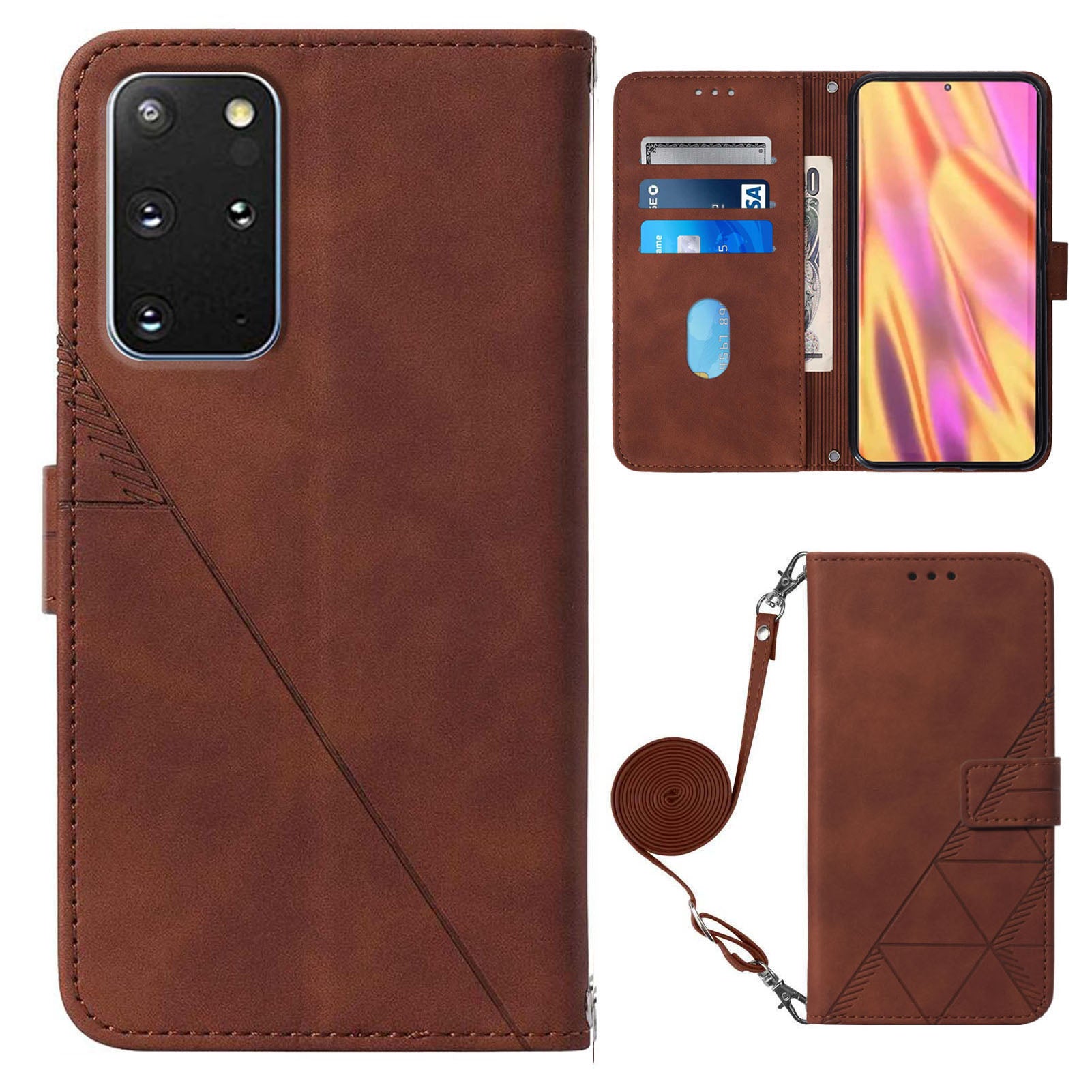 PB2-1 Series Stylish Lines Imprinting Magnetic Clasp Anti-dust Mobile Phone Bag Case PU Leather + TPU Stand Wallet Phone Cover with Shoulder Strap for Samsung Galaxy S20 Plus 4G/5G - Brown