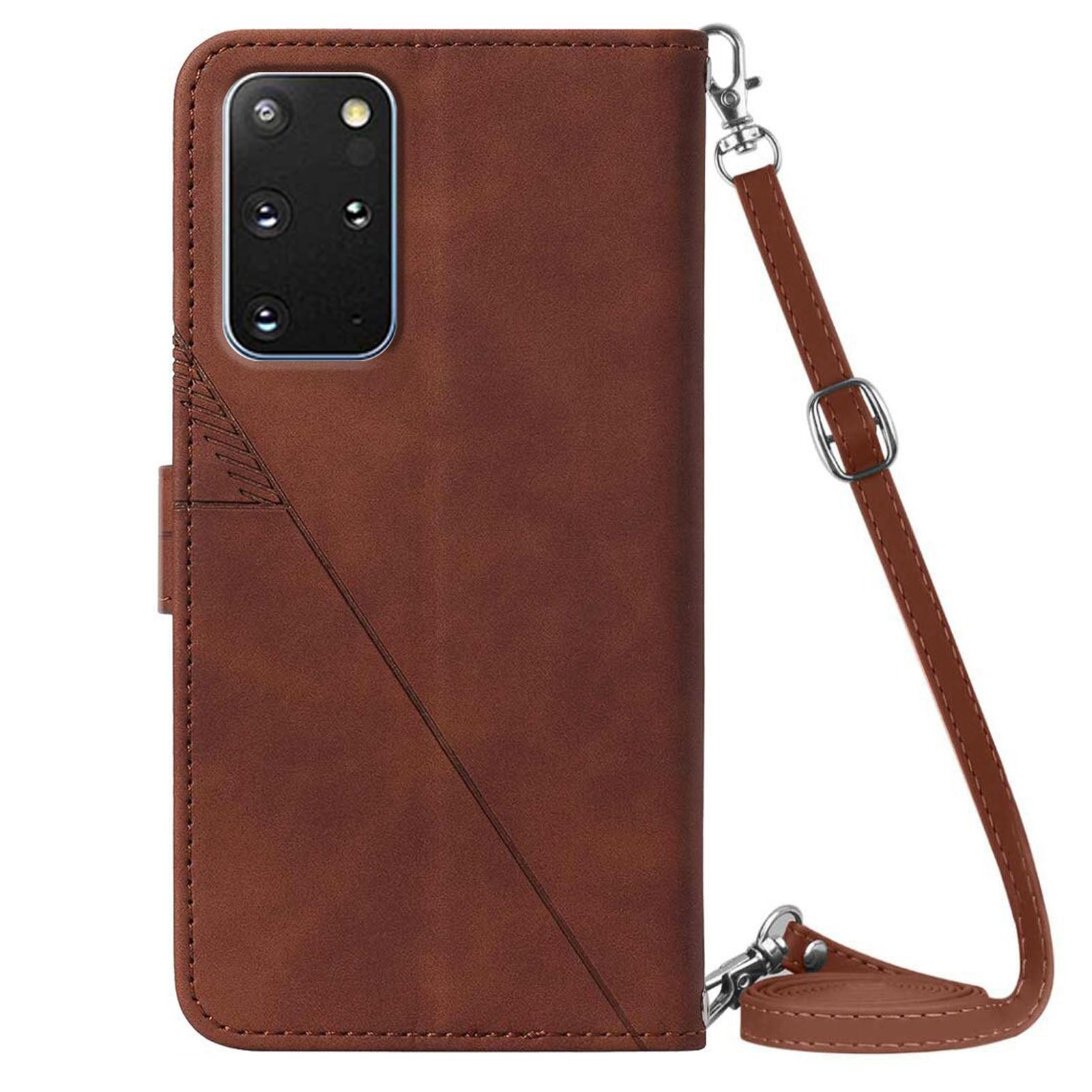 PB2-1 Series Stylish Lines Imprinting Magnetic Clasp Anti-dust Mobile Phone Bag Case PU Leather + TPU Stand Wallet Phone Cover with Shoulder Strap for Samsung Galaxy S20 Plus 4G/5G - Brown