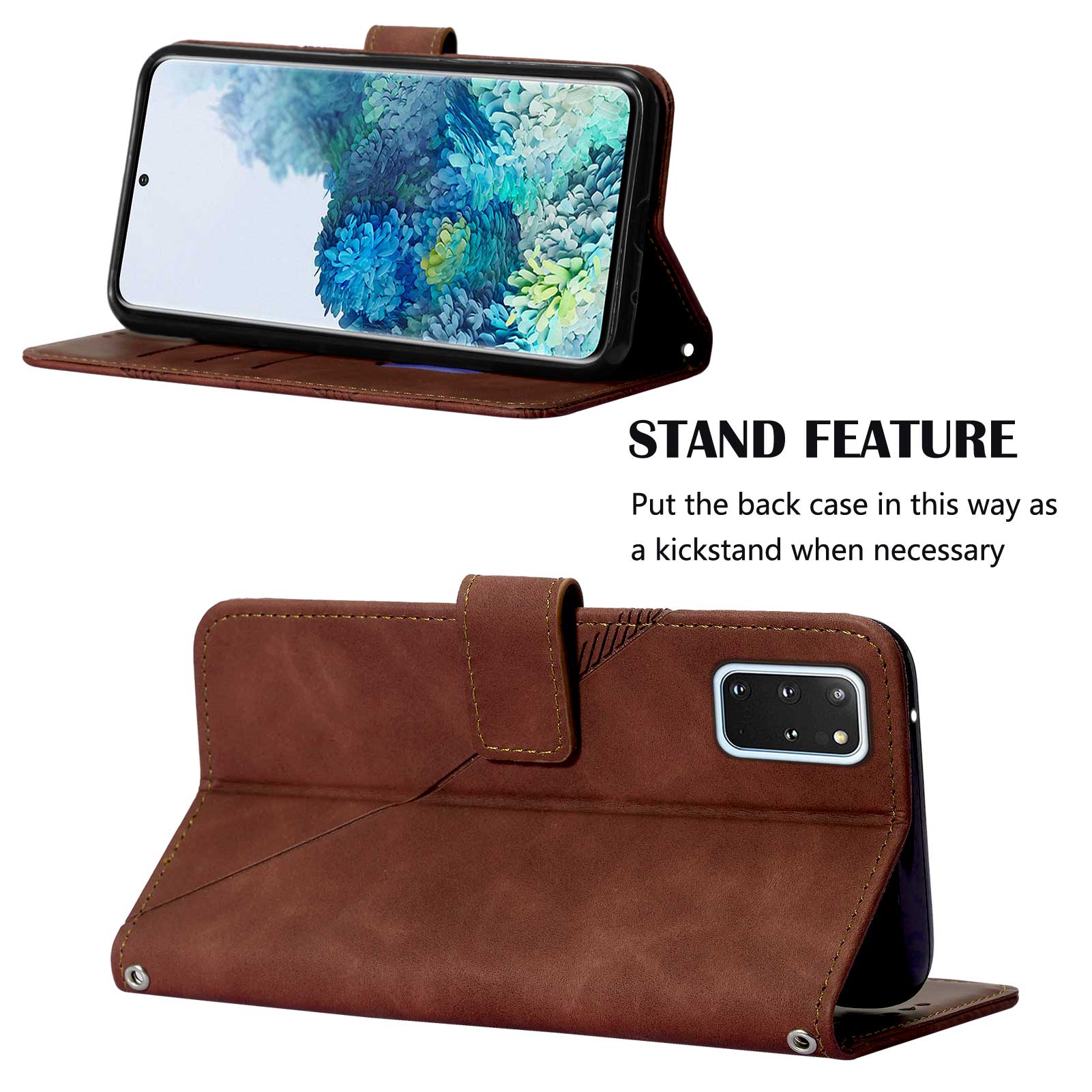 PB2-1 Series Stylish Lines Imprinting Magnetic Clasp Anti-dust Mobile Phone Bag Case PU Leather + TPU Stand Wallet Phone Cover with Shoulder Strap for Samsung Galaxy S20 Plus 4G/5G - Brown