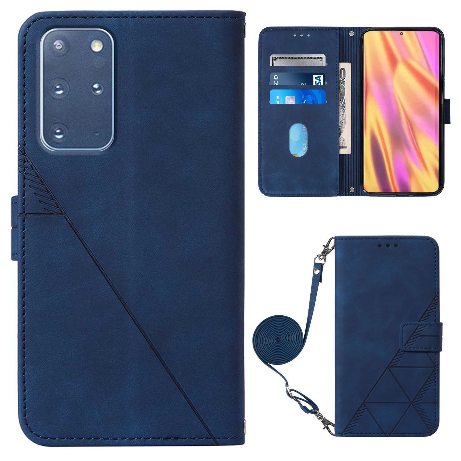 PB2-1 Series Stylish Lines Imprinting Magnetic Clasp Anti-dust Mobile Phone Bag Case PU Leather + TPU Stand Wallet Phone Cover with Shoulder Strap for Samsung Galaxy S20 Plus 4G/5G - Sapphire