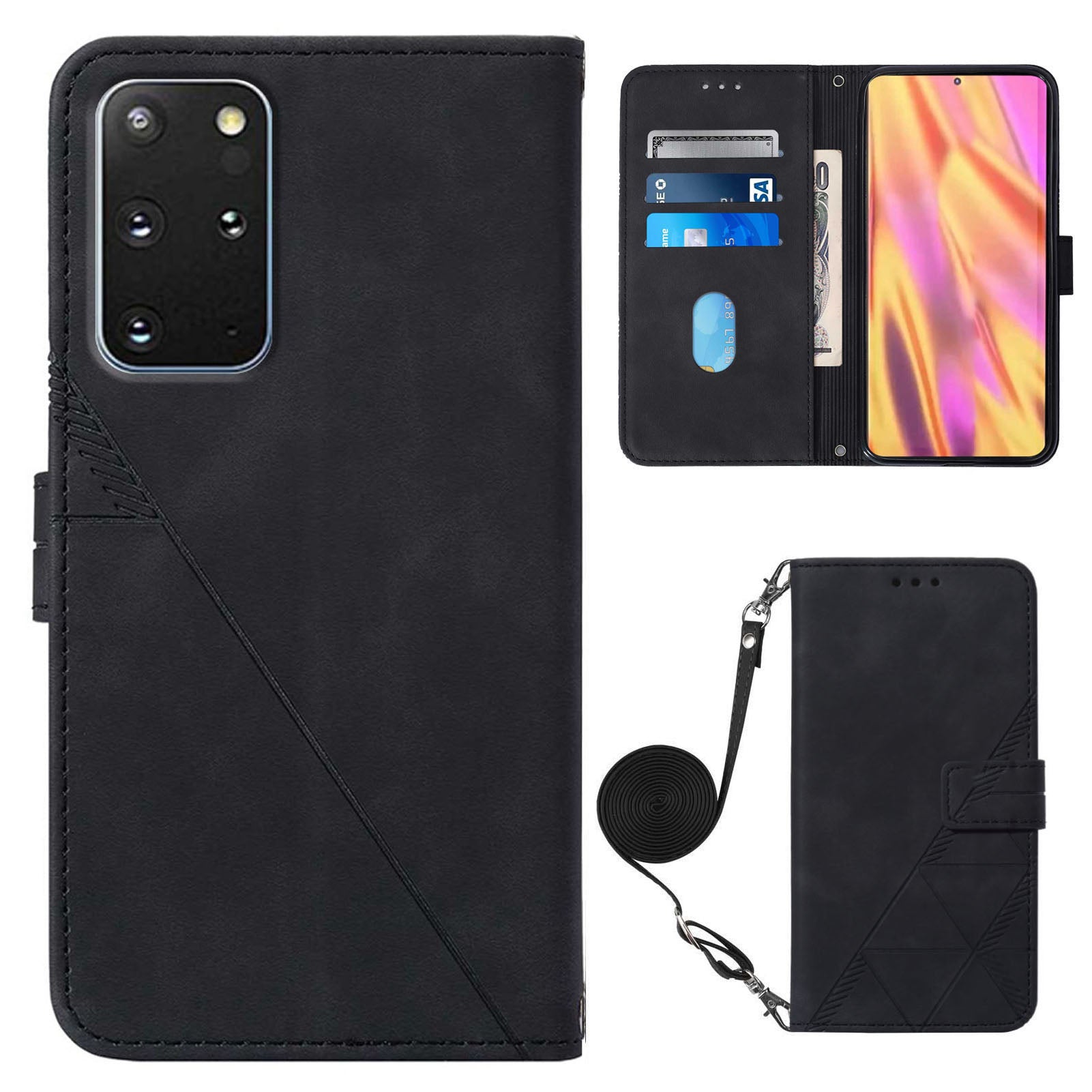 PB2-1 Series Stylish Lines Imprinting Magnetic Clasp Anti-dust Mobile Phone Bag Case PU Leather + TPU Stand Wallet Phone Cover with Shoulder Strap for Samsung Galaxy S20 Plus 4G/5G - Black