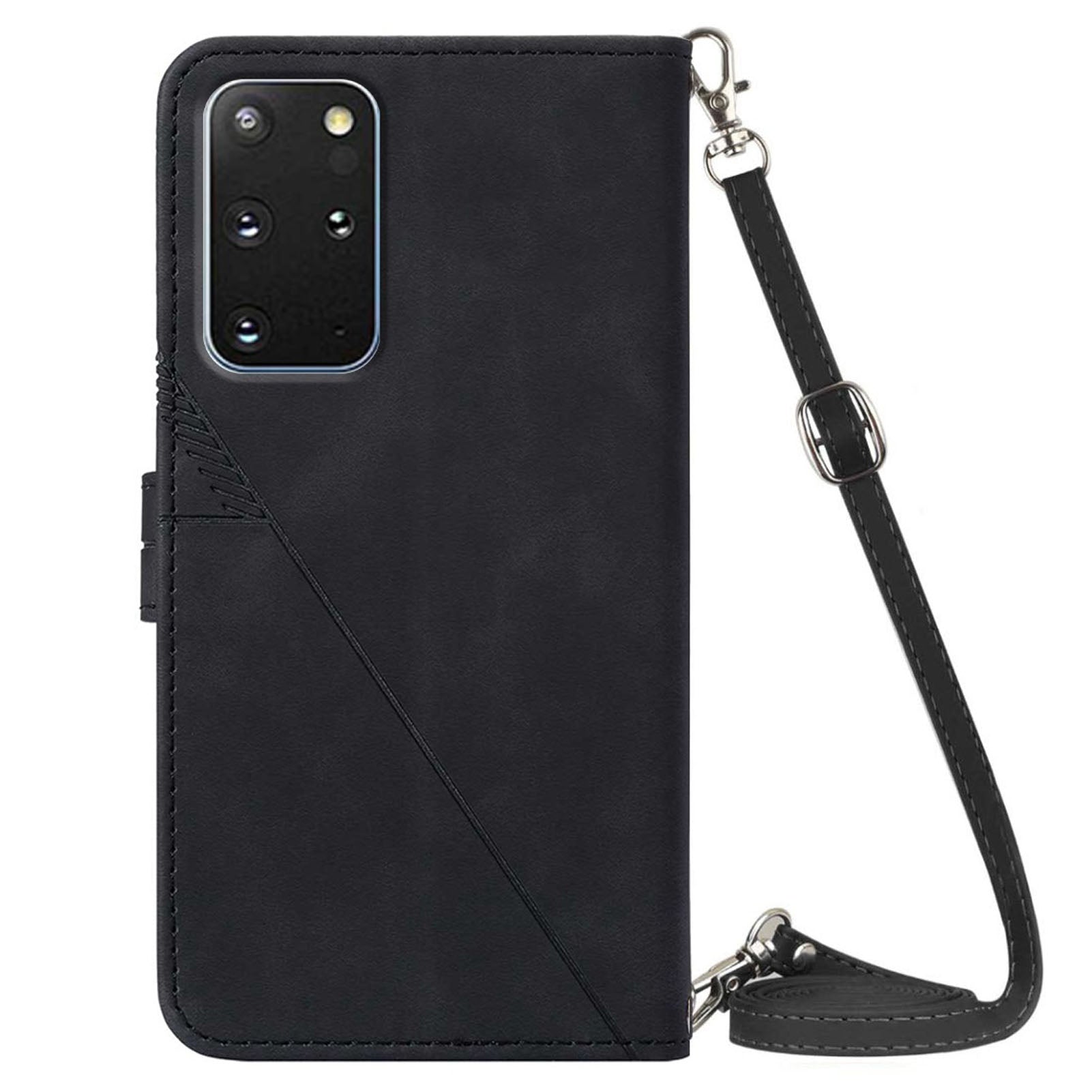 PB2-1 Series Stylish Lines Imprinting Magnetic Clasp Anti-dust Mobile Phone Bag Case PU Leather + TPU Stand Wallet Phone Cover with Shoulder Strap for Samsung Galaxy S20 Plus 4G/5G - Black