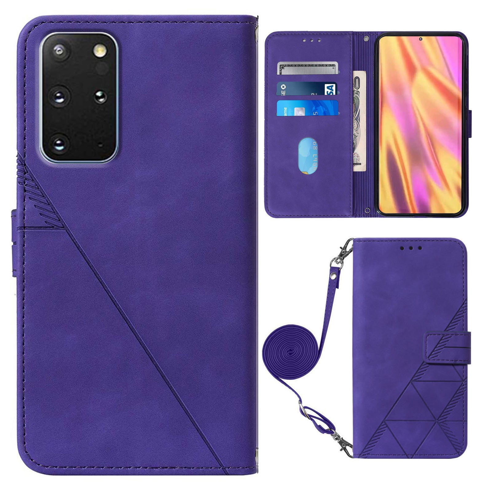 PB2-1 Series Stylish Lines Imprinting Magnetic Clasp Anti-dust Mobile Phone Bag Case PU Leather + TPU Stand Wallet Phone Cover with Shoulder Strap for Samsung Galaxy S20 Plus 4G/5G - Purple