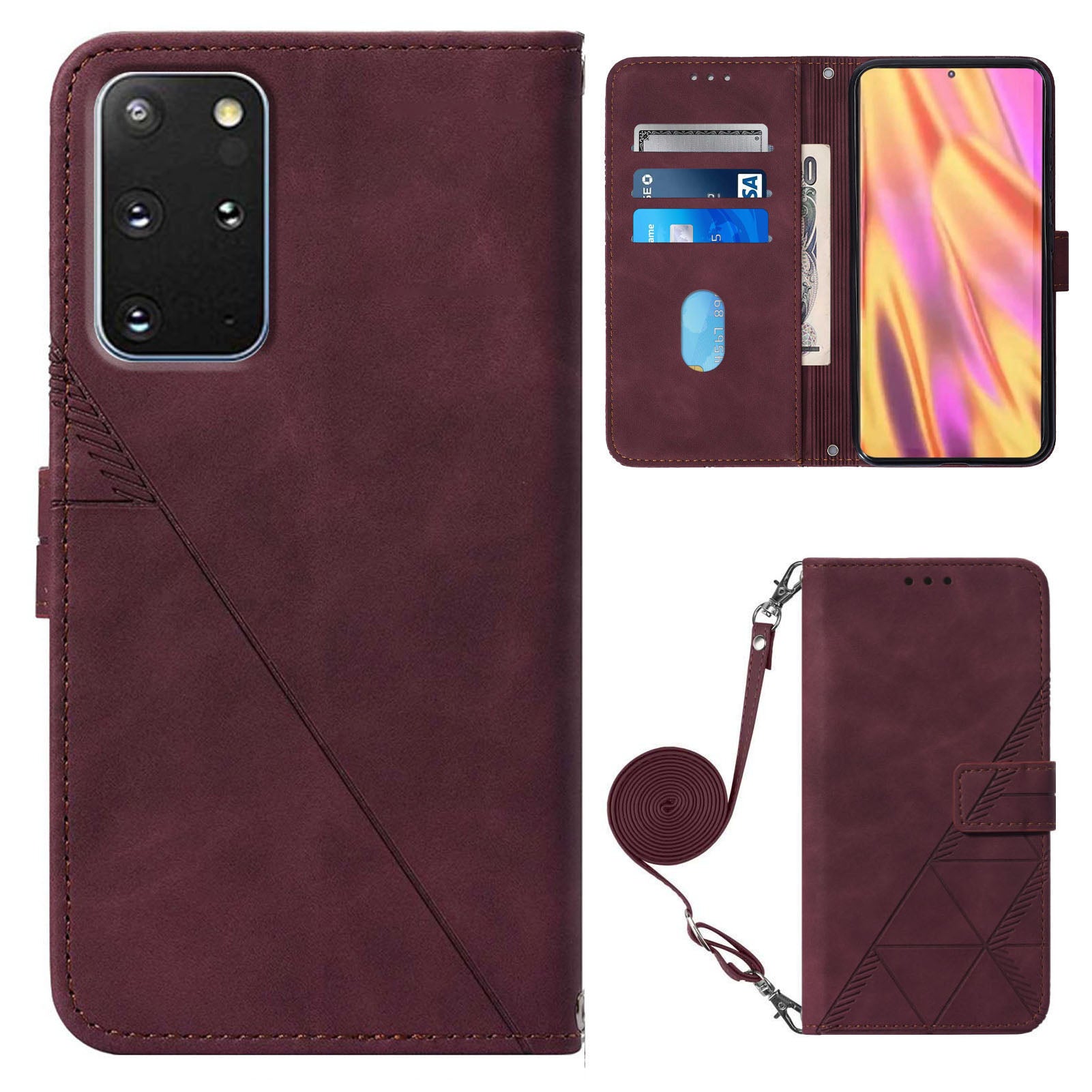 PB2-1 Series Stylish Lines Imprinting Magnetic Clasp Anti-dust Mobile Phone Bag Case PU Leather + TPU Stand Wallet Phone Cover with Shoulder Strap for Samsung Galaxy S20 Plus 4G/5G - Wine Red