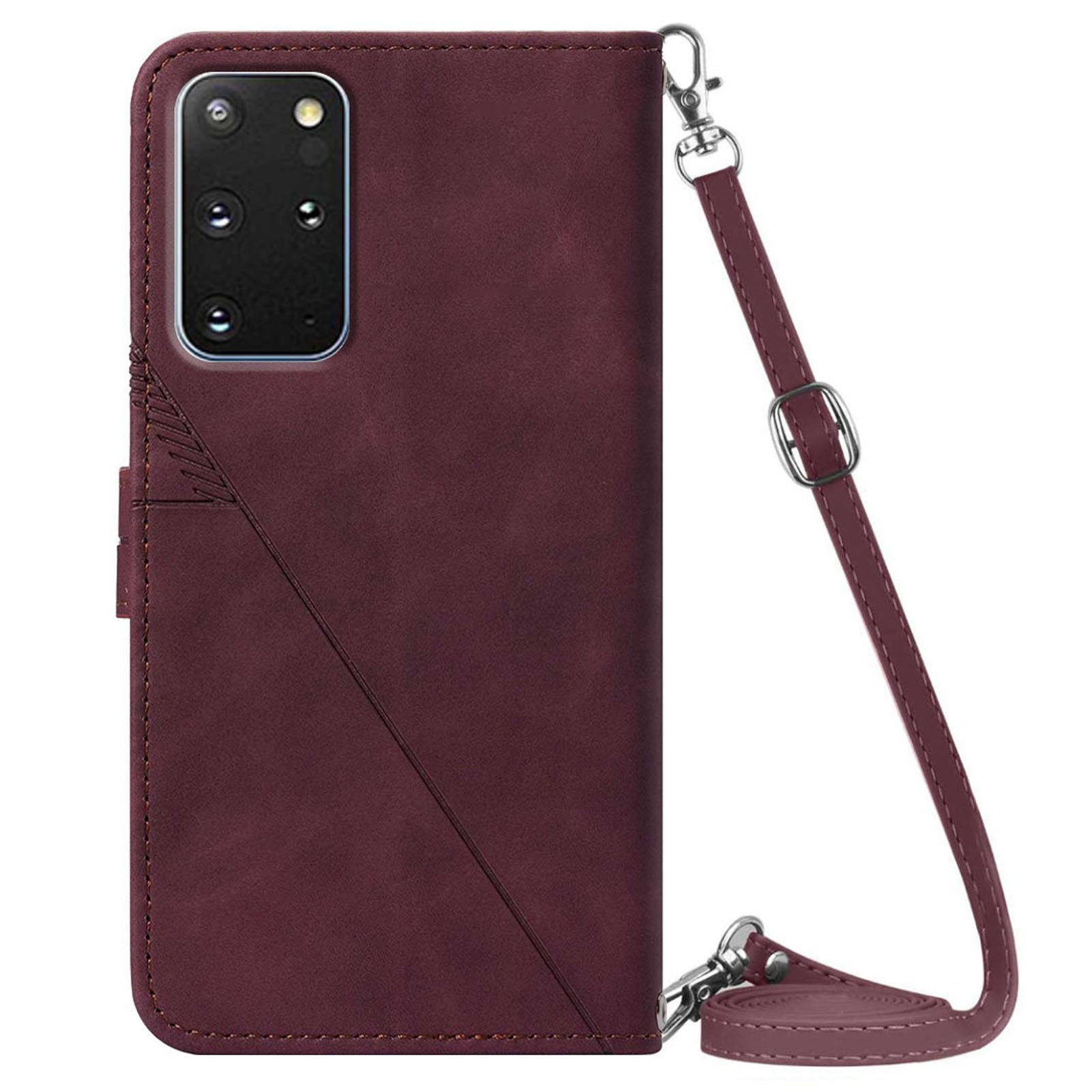 PB2-1 Series Stylish Lines Imprinting Magnetic Clasp Anti-dust Mobile Phone Bag Case PU Leather + TPU Stand Wallet Phone Cover with Shoulder Strap for Samsung Galaxy S20 Plus 4G/5G - Wine Red